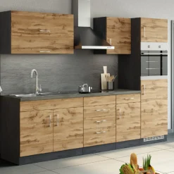 Held Küchenzeile Sorrella 270cm mit Platz für Backofen und Kühlschrank - Eiche/Graphit