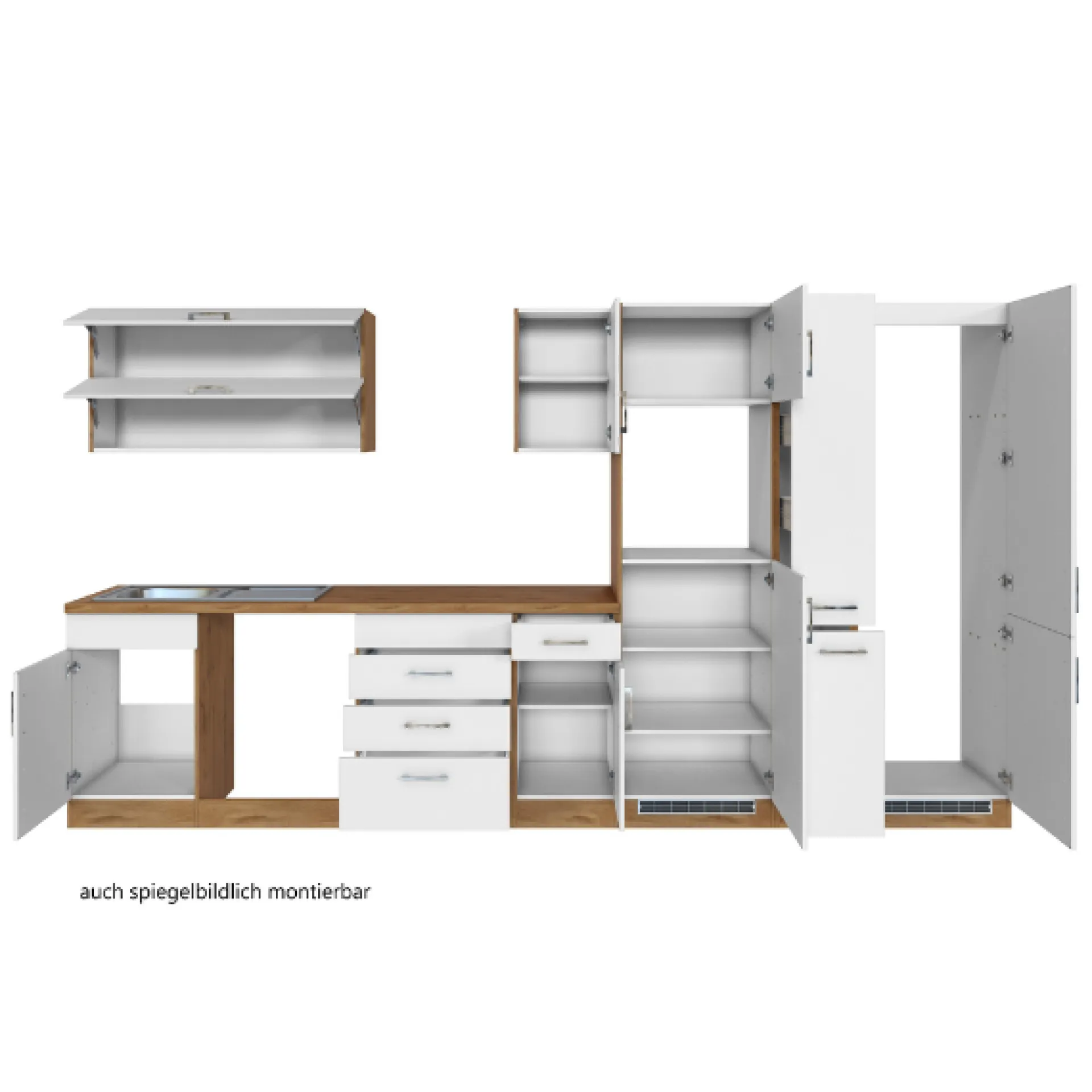 Held Küchenzeile Sorrella 360cm mit Platz für Geschirrspüler, Backofen, Kühl- und Gefrierschrank - weiß/Eiche