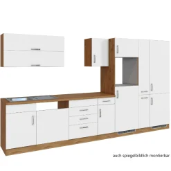 Held Küchenzeile Sorrella 360cm mit Platz für Geschirrspüler, Backofen, Kühl- und Gefrierschrank - weiß/Eiche
