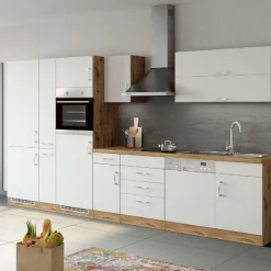 Held Küchenzeile Sorrella 360cm mit Platz für Geschirrspüler, Backofen, Kühl- und Gefrierschrank - weiß/Eiche