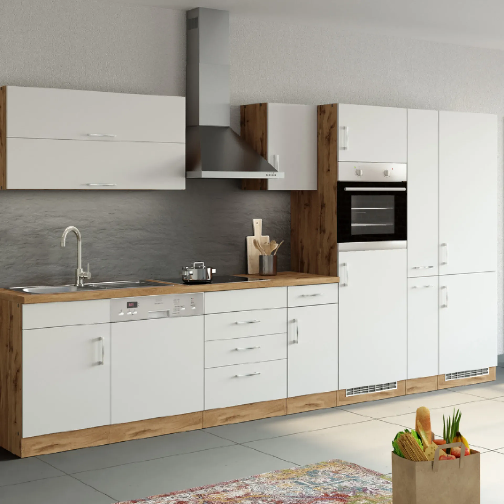 Held Küchenzeile Sorrella 360cm mit Platz für Geschirrspüler, Backofen, Kühl- und Gefrierschrank - weiß/Eiche