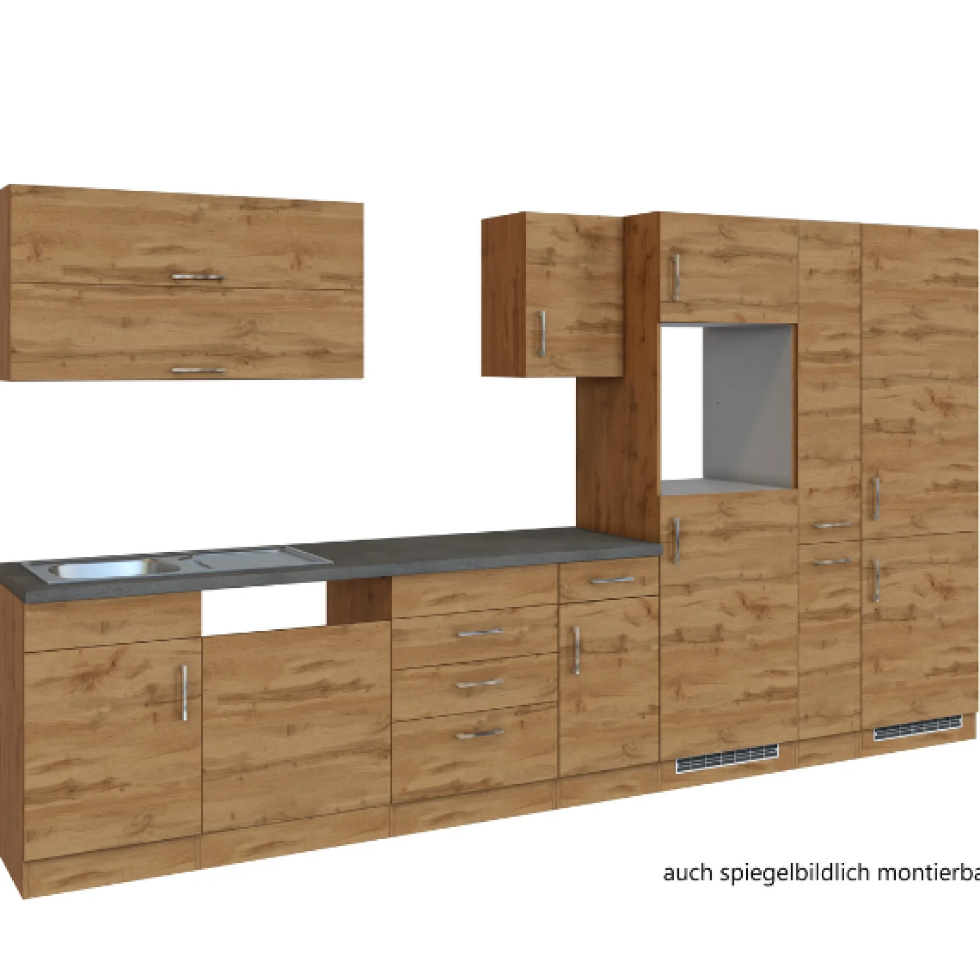 Held Küchenzeile Sorrella 360cm mit Platz für Geschirrspüler, Backofen, Kühl- und Gefrierschrank - Eiche