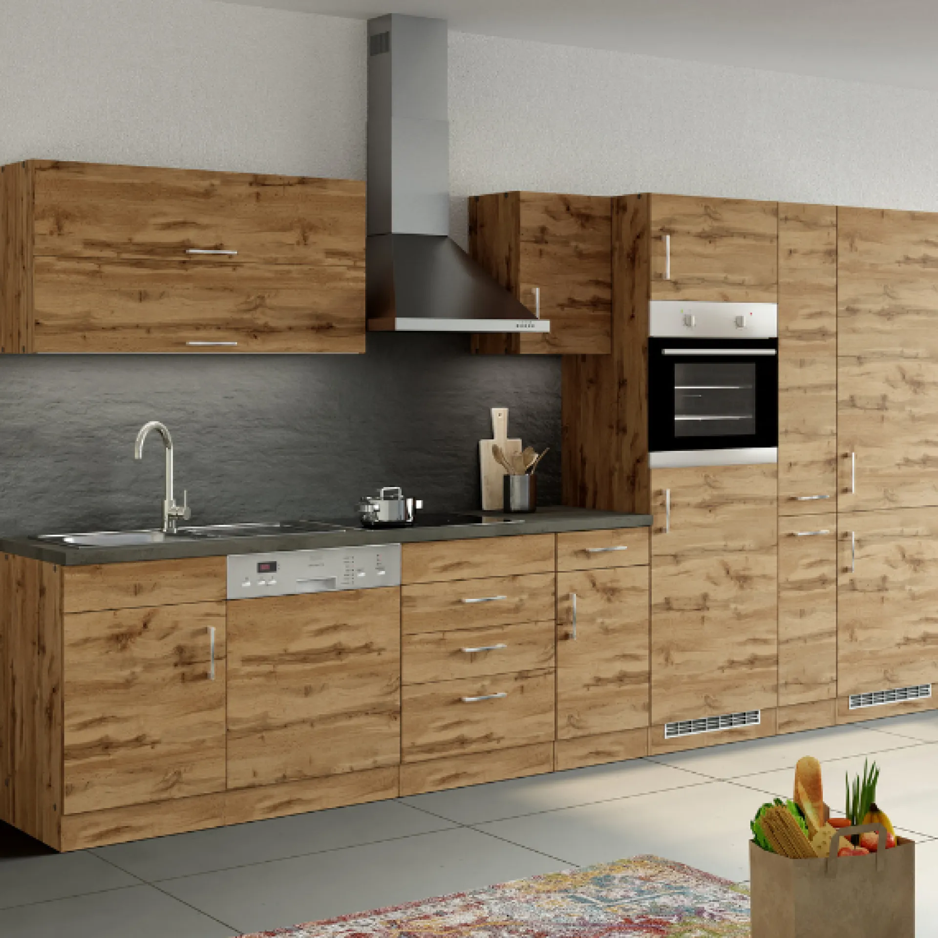 Held Küchenzeile Sorrella 360cm mit Platz für Geschirrspüler, Backofen, Kühl- und Gefrierschrank - Eiche