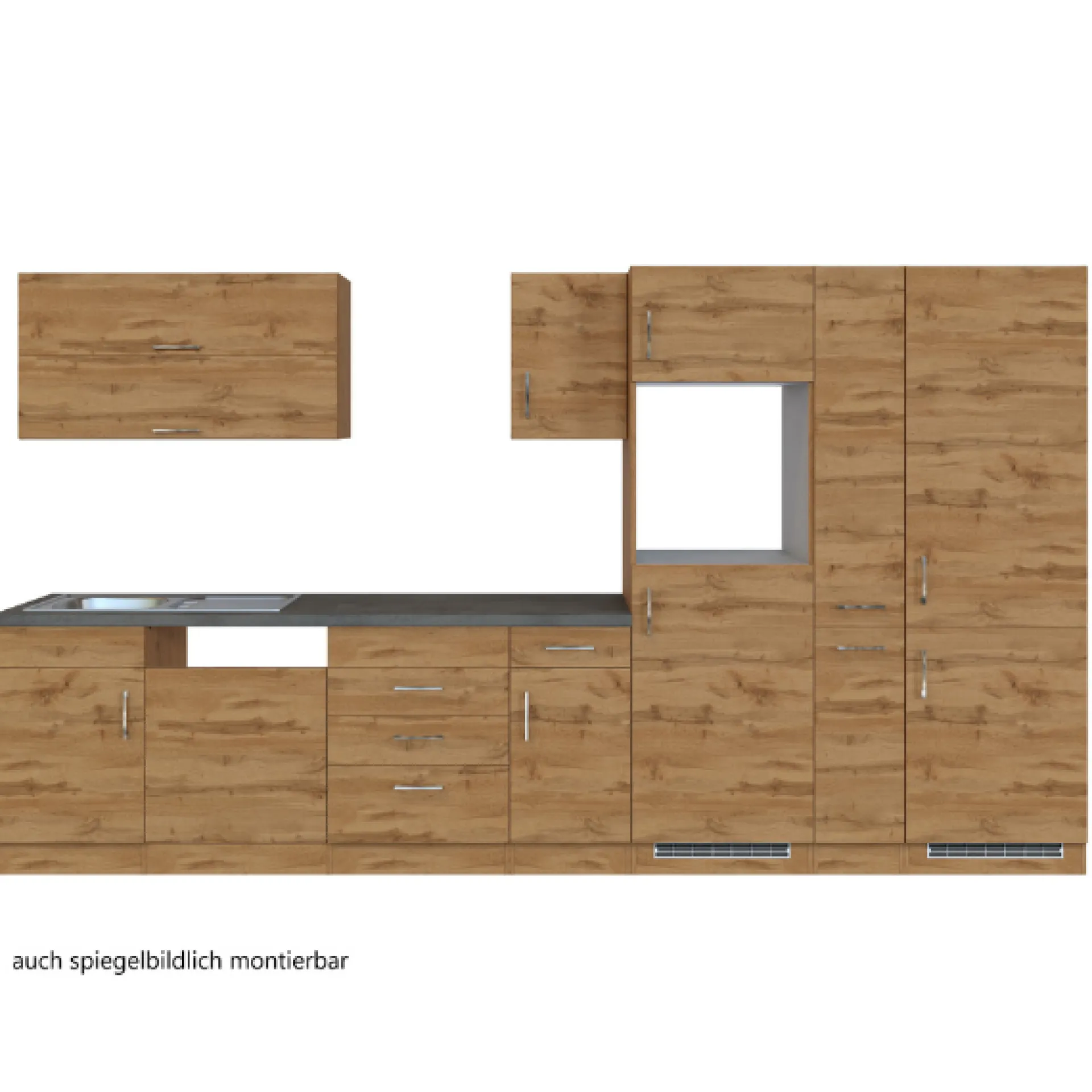 Held Küchenzeile Sorrella 360cm mit Platz für Geschirrspüler, Backofen, Kühl- und Gefrierschrank - Eiche