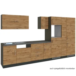 Held Küchenzeile Sorrella 360cm mit Platz für Geschirrspüler, Backofen, Kühl- und Gefrierschrank - Eiche/Graphit