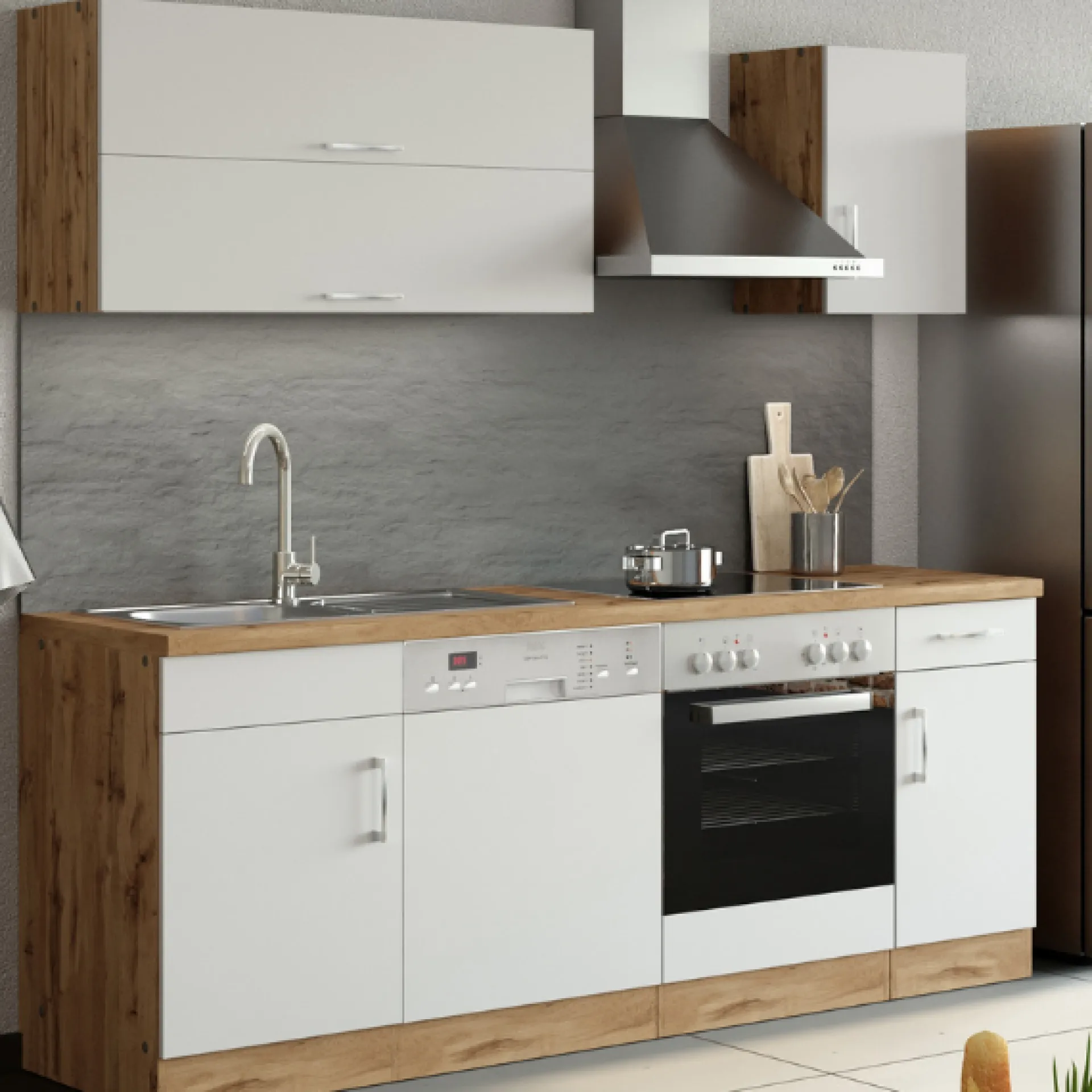 Held Küchenzeile Sorrella 210cm mit Platz für Geschirrspüler und Backofen - weiß/Eiche