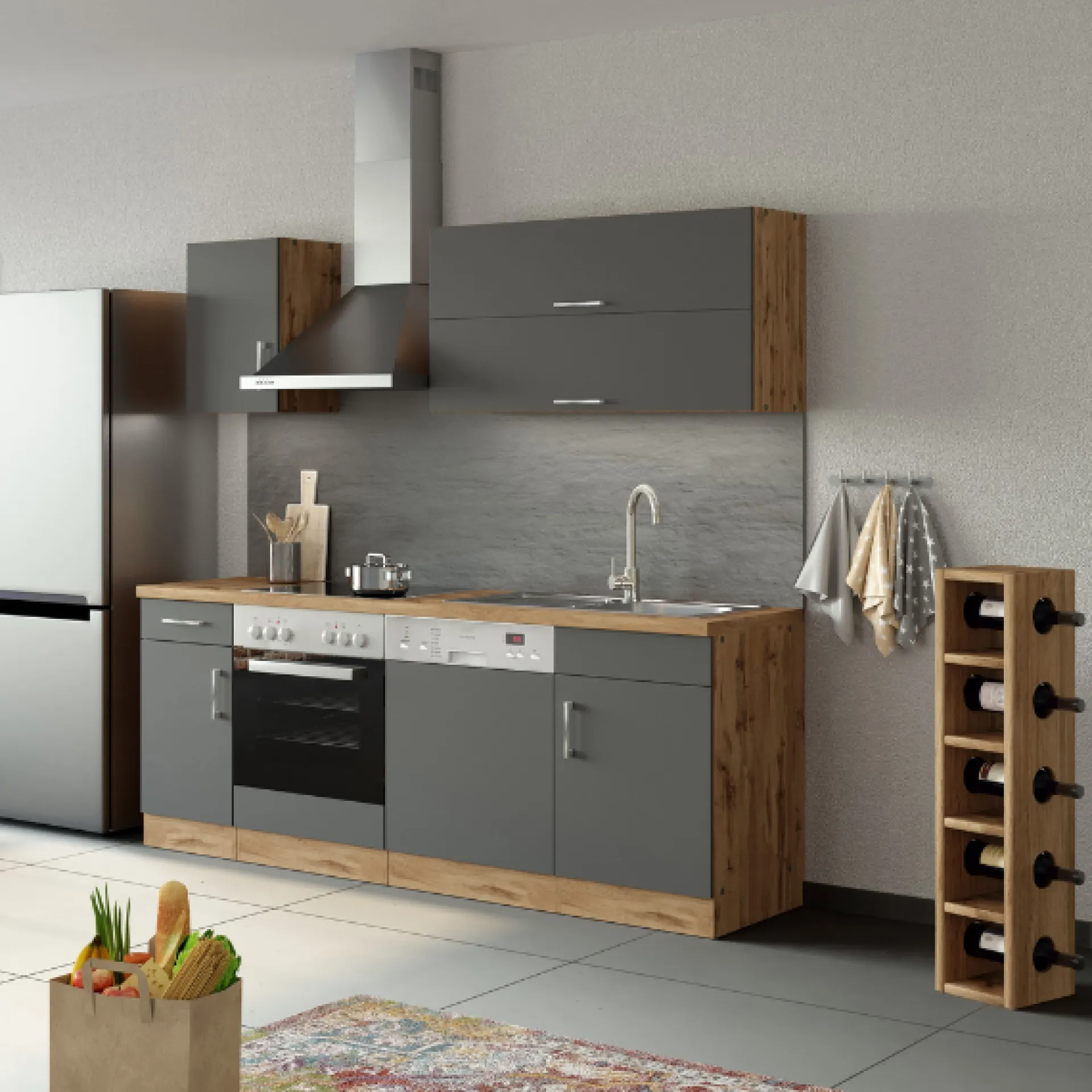 Held Küchenzeile Sorrella 210cm mit Platz für Geschirrspüler und Backofen - anthrazit/ocker