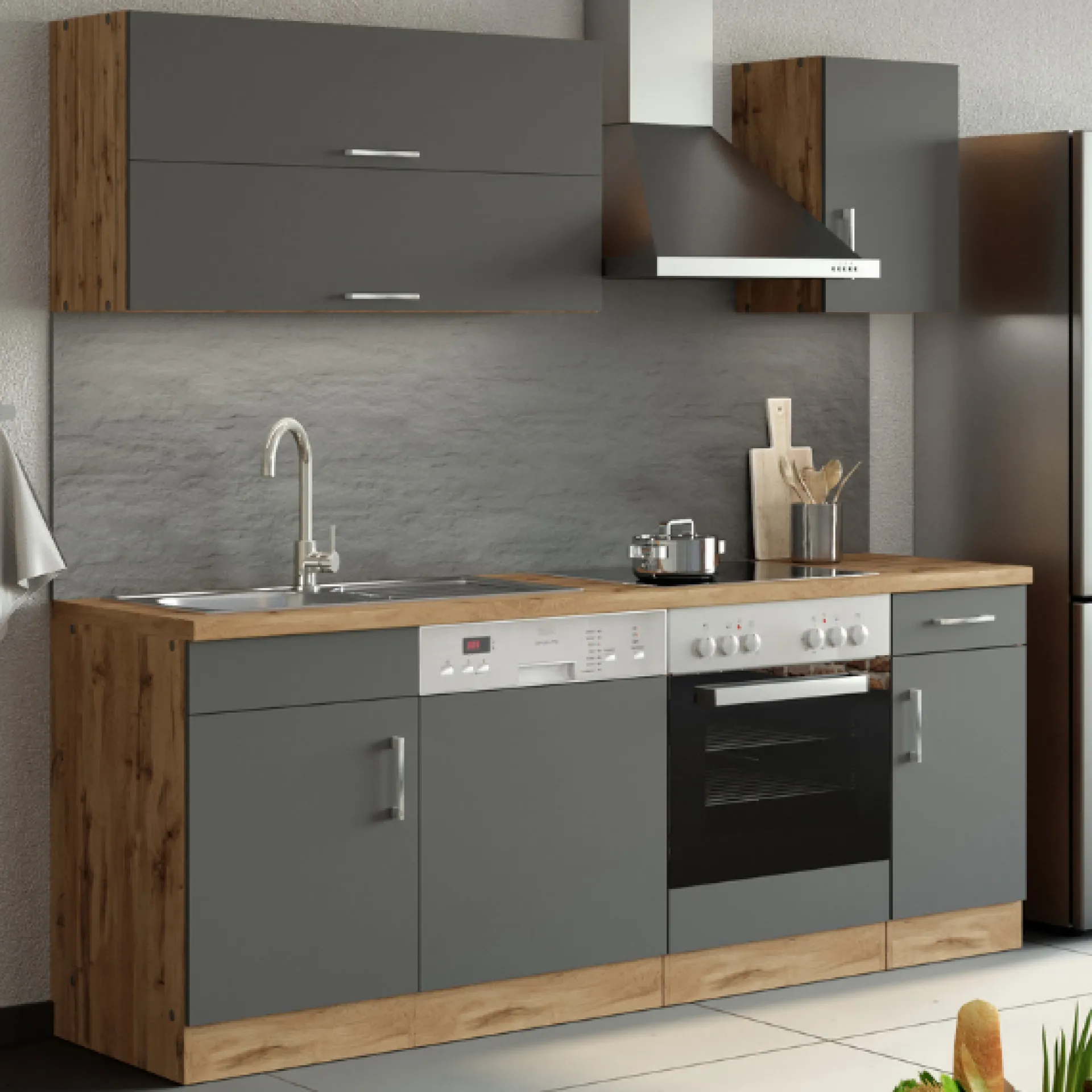Held Küchenzeile Sorrella 210cm mit Platz für Geschirrspüler und Backofen - anthrazit/ocker