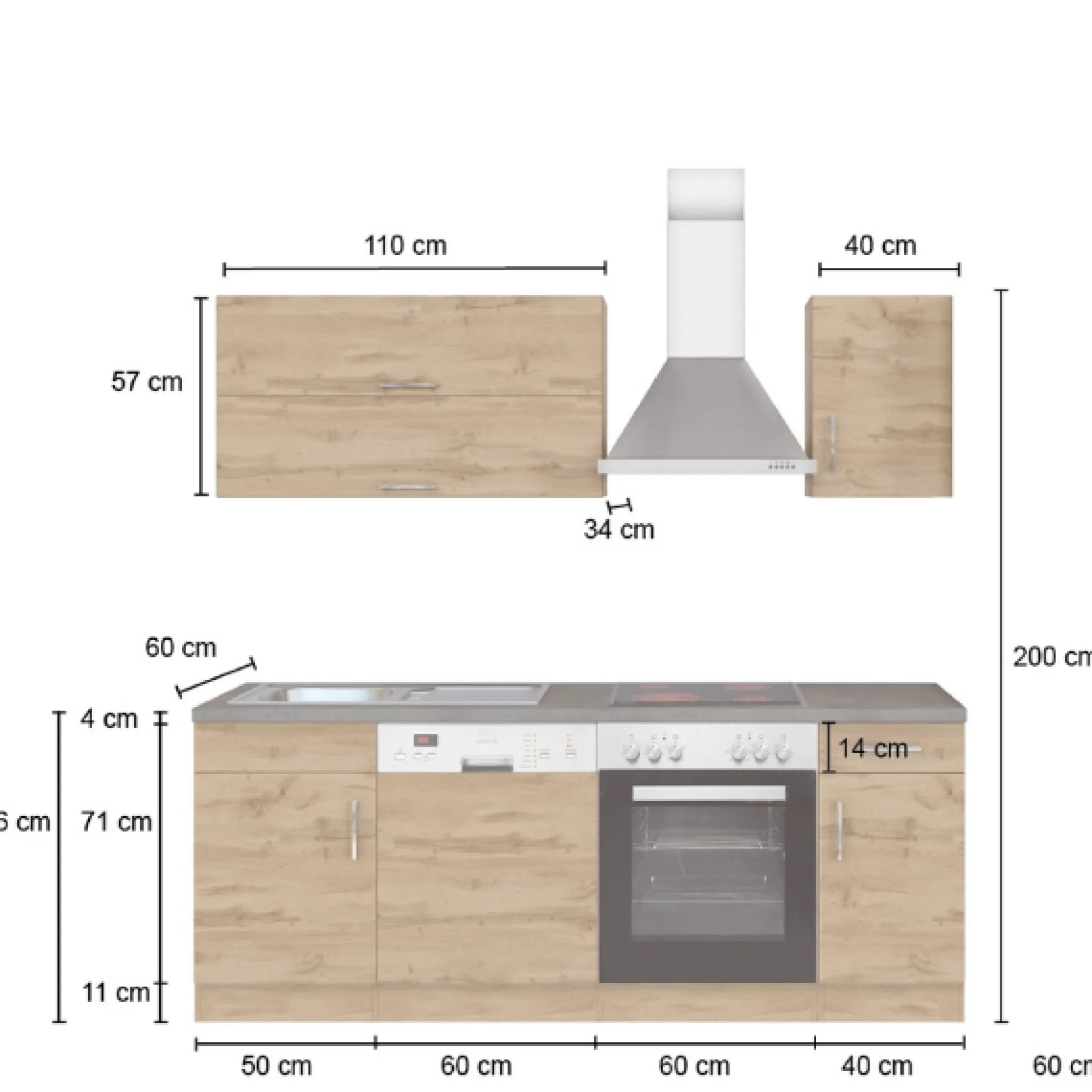 Held Küchenzeile Sorrella 210cm mit Platz für Geschirrspüler und Backofen - anthrazit/ocker