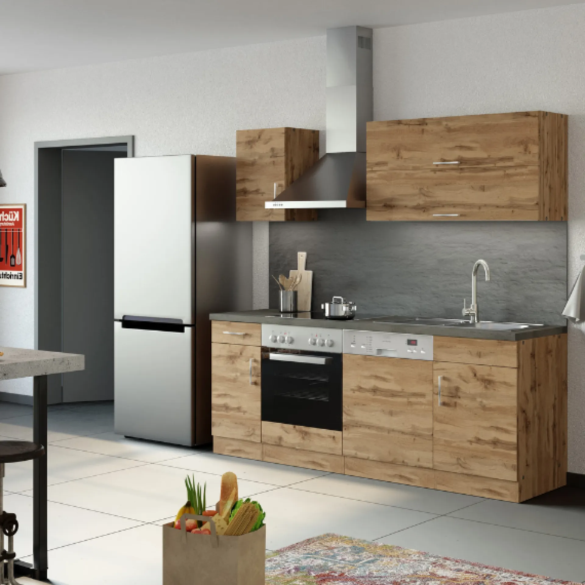 Held Küchenzeile Sorrella 210cm mit Platz für Geschirrspüler und Backofen - Eiche