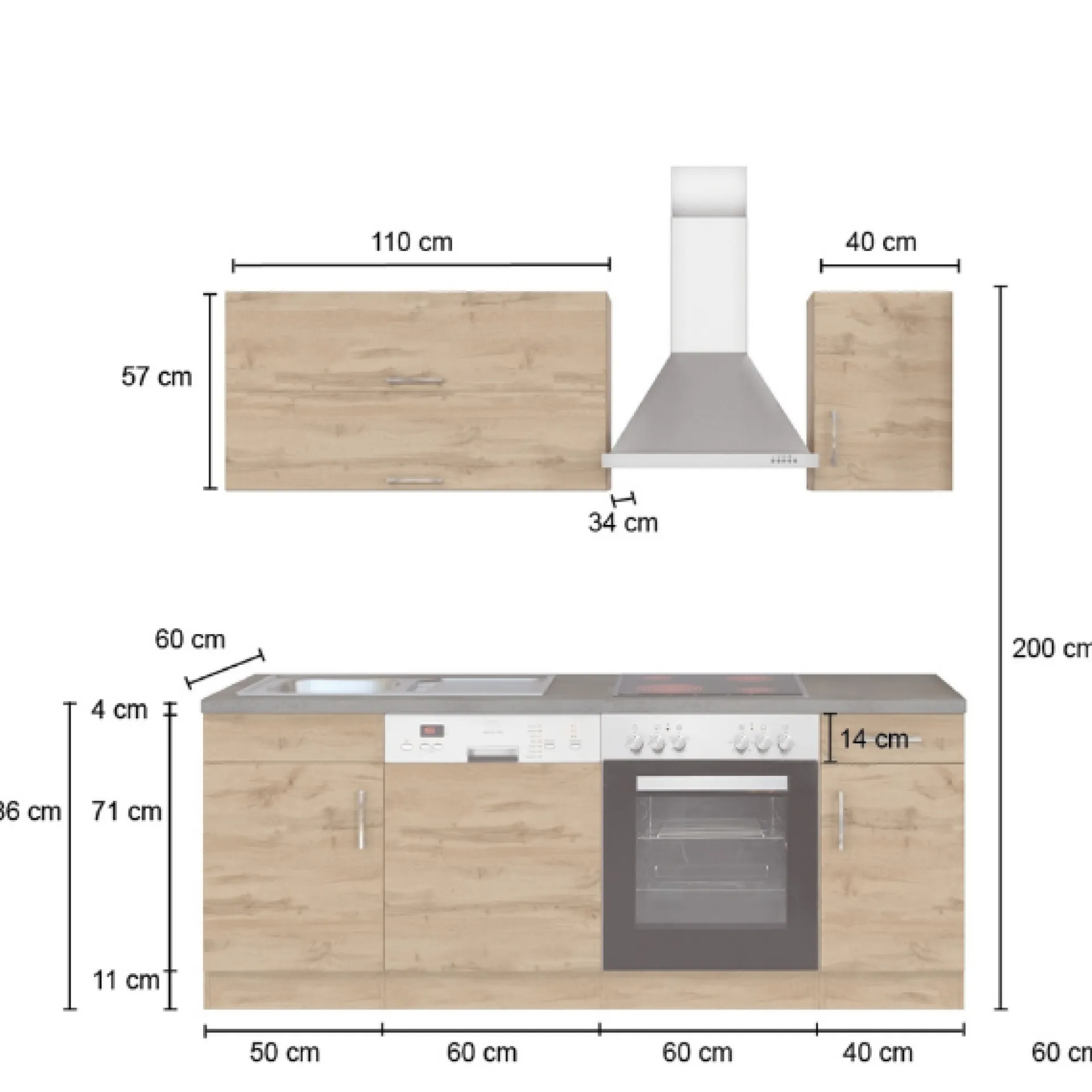Held Küchenzeile Sorrella 210cm mit Platz für Geschirrspüler und Backofen - Eiche/Graphit