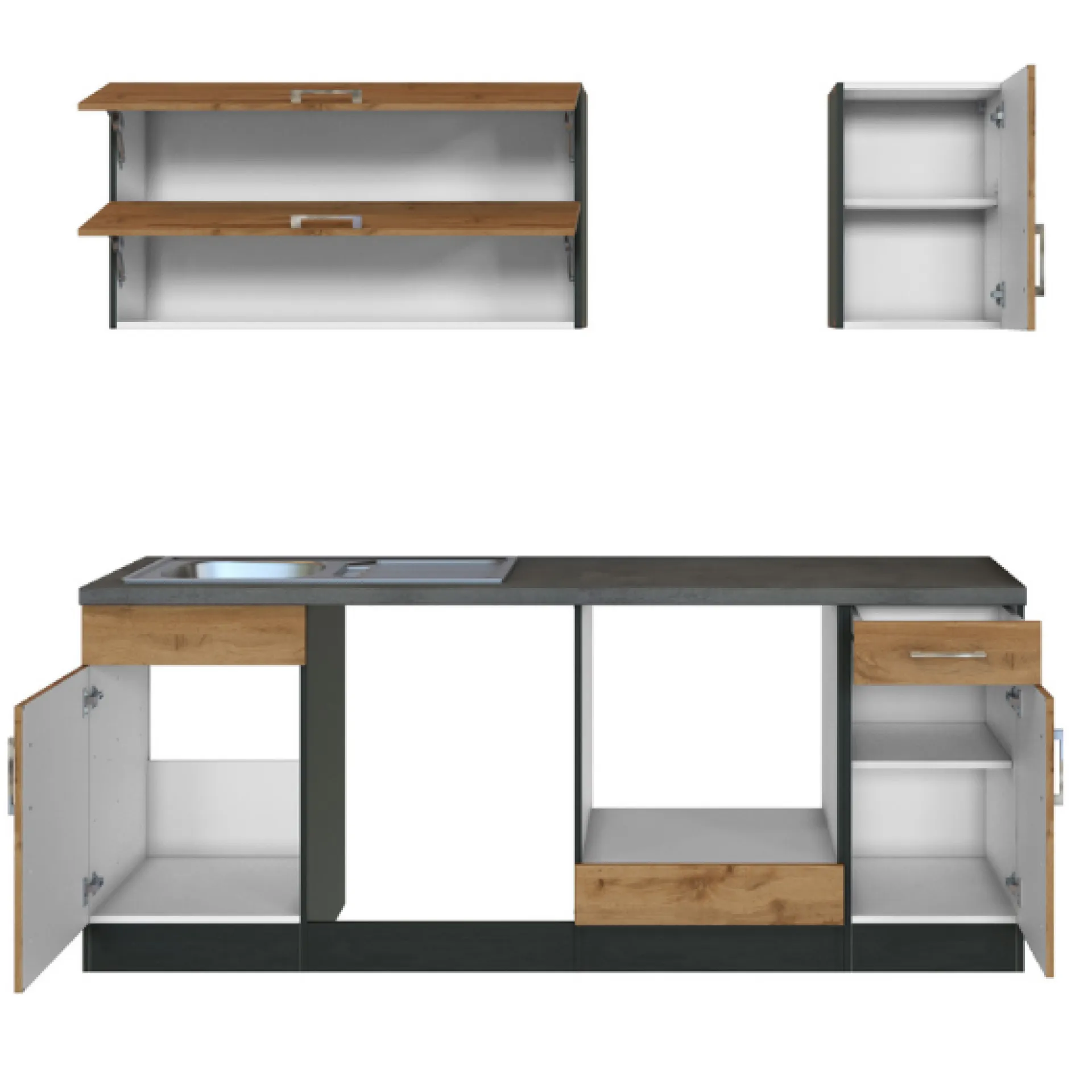 Held Küchenzeile Sorrella 210cm mit Platz für Geschirrspüler und Backofen - Eiche/Graphit