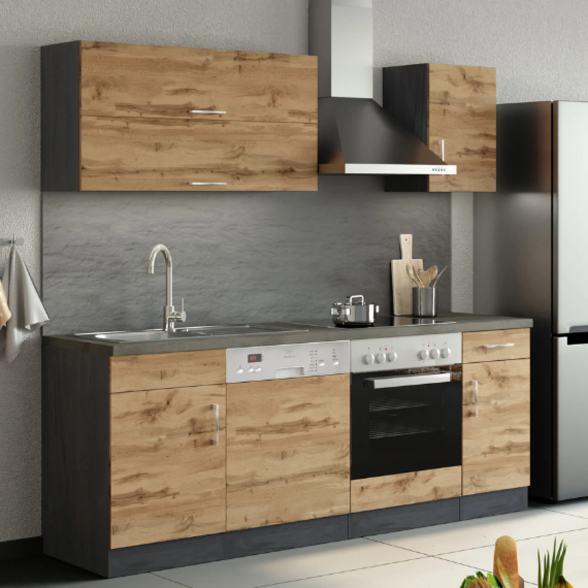 Held Küchenzeile Sorrella 210cm mit Platz für Geschirrspüler und Backofen - Eiche/Graphit