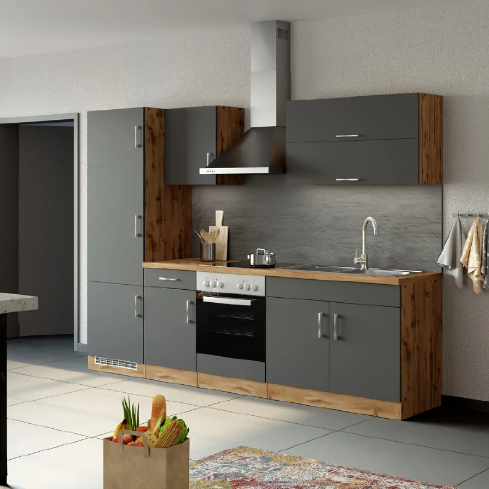 Held Küchenzeile Sorrella 270cm mit Platz für Backofen und Kühlschrank - anthrazit/ocker