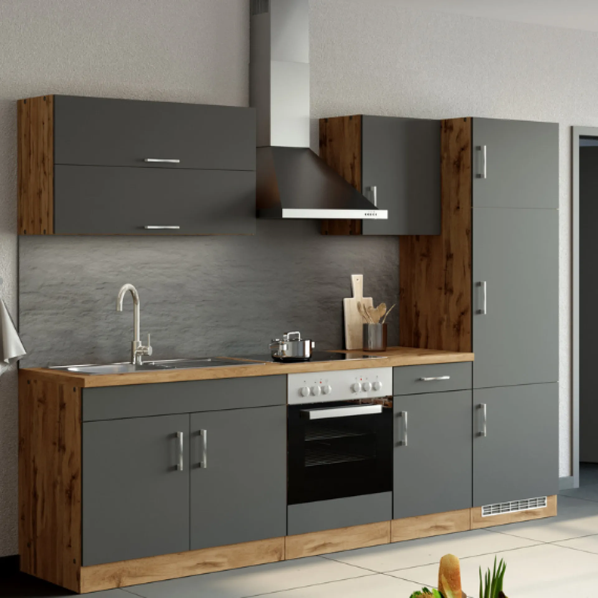 Held Küchenzeile Sorrella 270cm mit Platz für Backofen und Kühlschrank - anthrazit/ocker