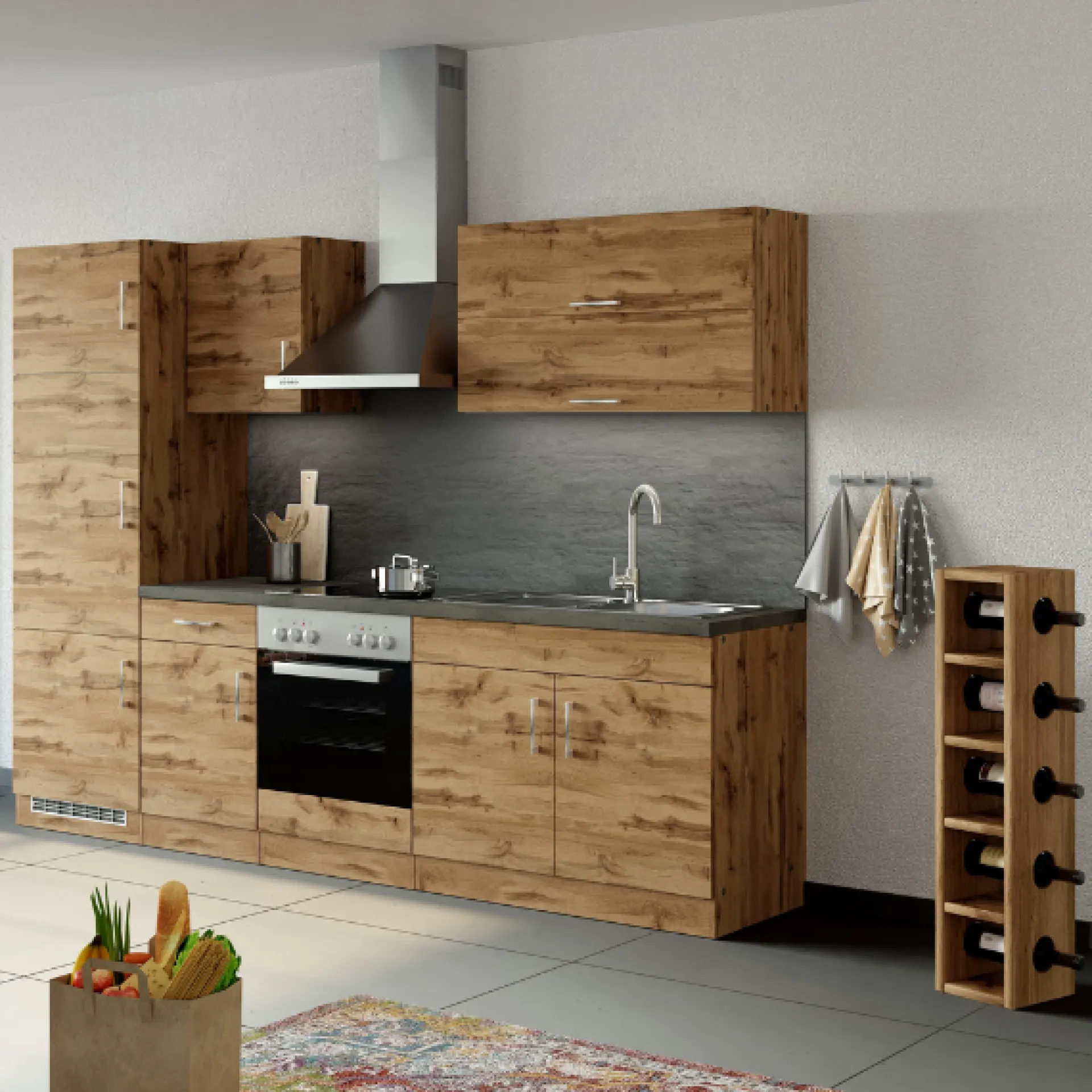 Held Küchenzeile Sorrella 270cm mit Platz für Backofen und Kühlschrank - Eiche