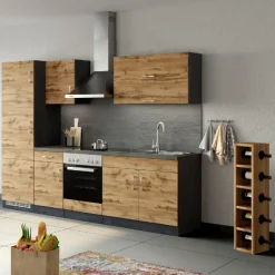 Held Küchenzeile Sorrella 270cm mit Platz für Backofen und Kühlschrank - Eiche/Graphit
