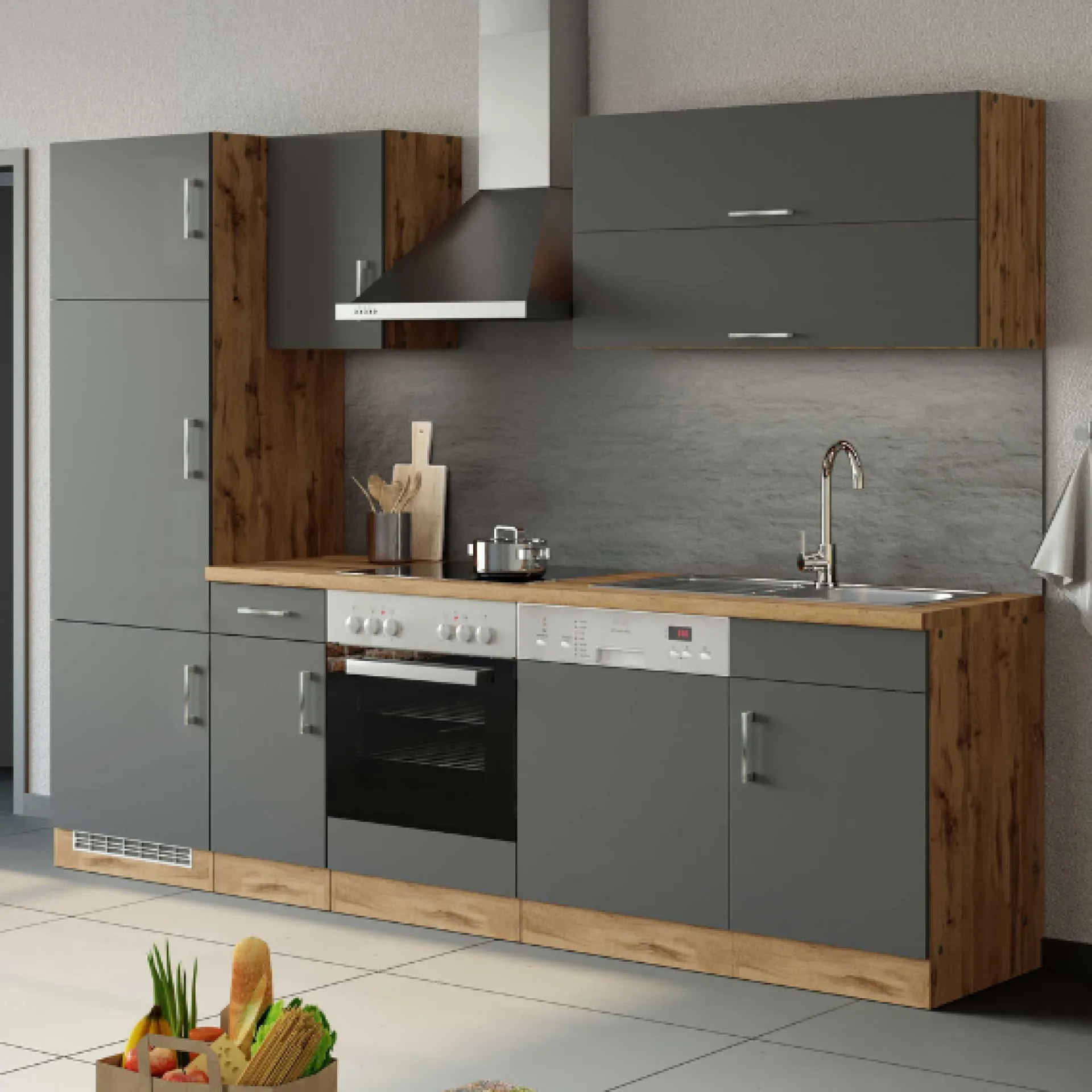 Held Küchenzeile Sorrella 270cm mit Platz für Backofen, Geschirrspüler und Kühlschrank - anthrazit/ocker
