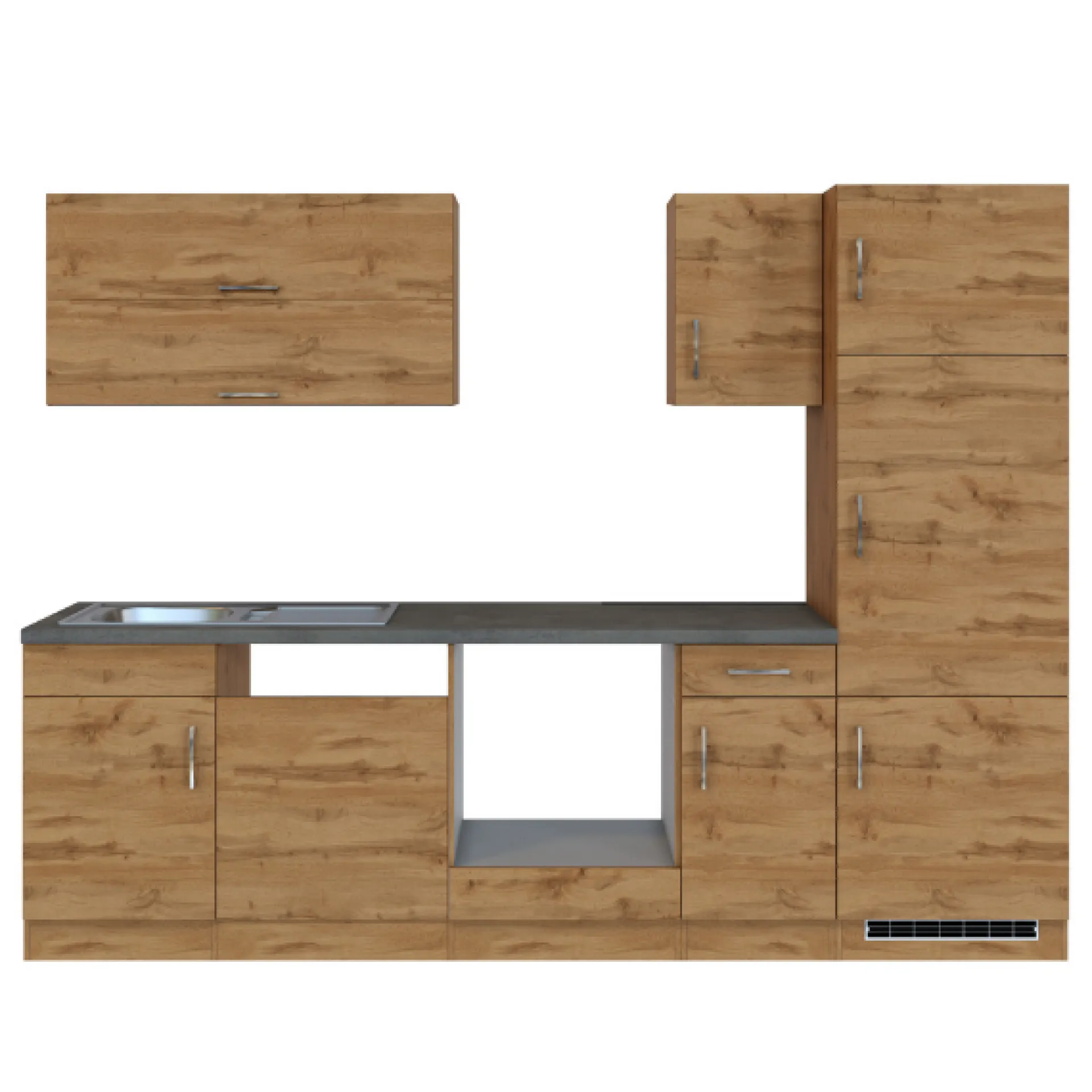 Held Küchenzeile Sorrella 270cm mit Platz für Backofen, Geschirrspüler und Kühlschrank - Eiche