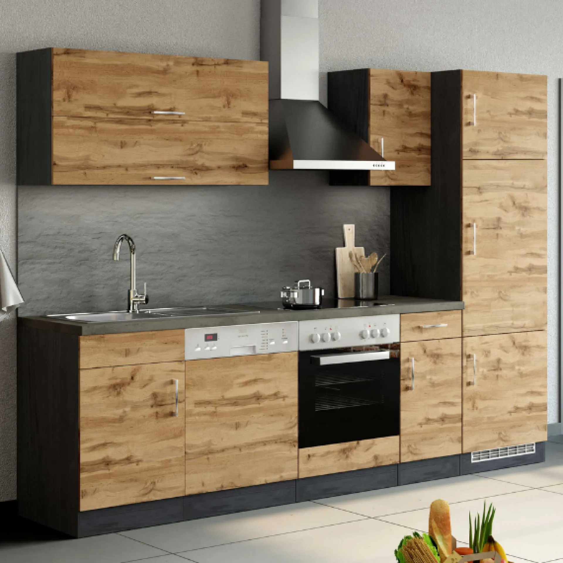 Held Küchenzeile Sorrella 270cm mit Platz für Backofen, Geschirrspüler und Kühlschrank - Eiche/Graphit