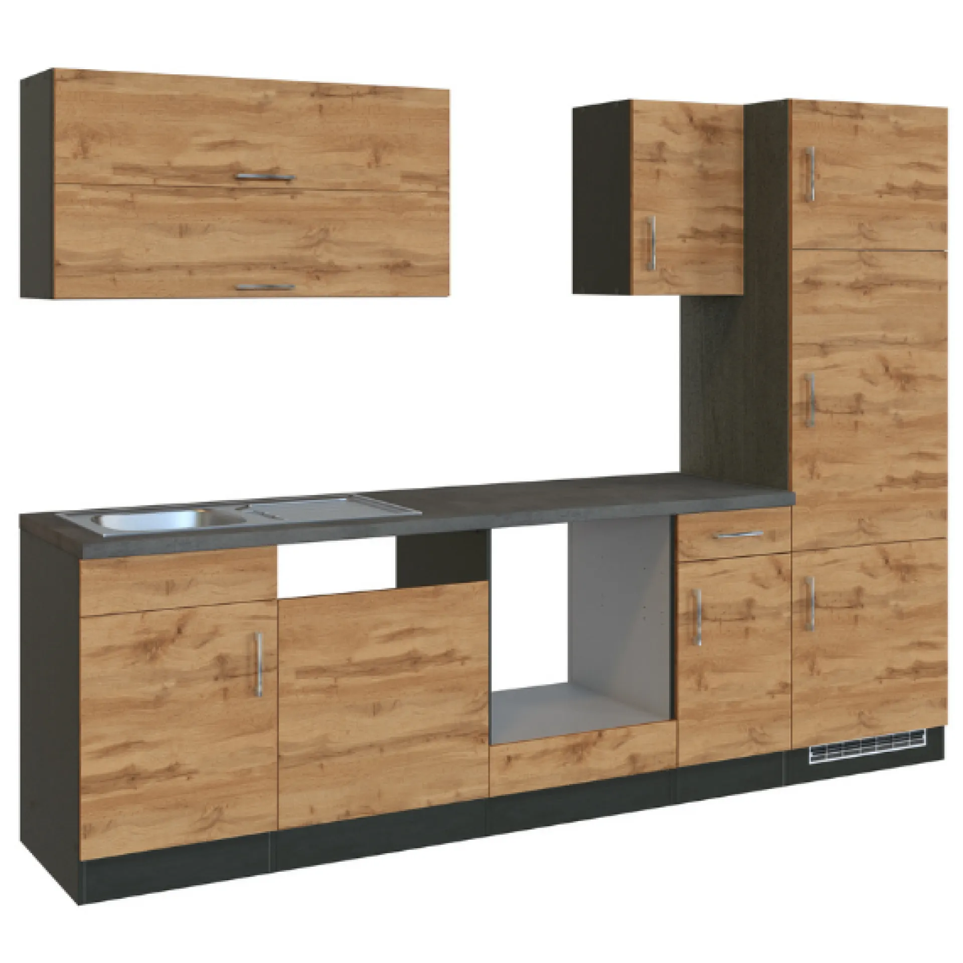 Held Küchenzeile Sorrella 270cm mit Platz für Backofen, Geschirrspüler und Kühlschrank - Eiche/Graphit