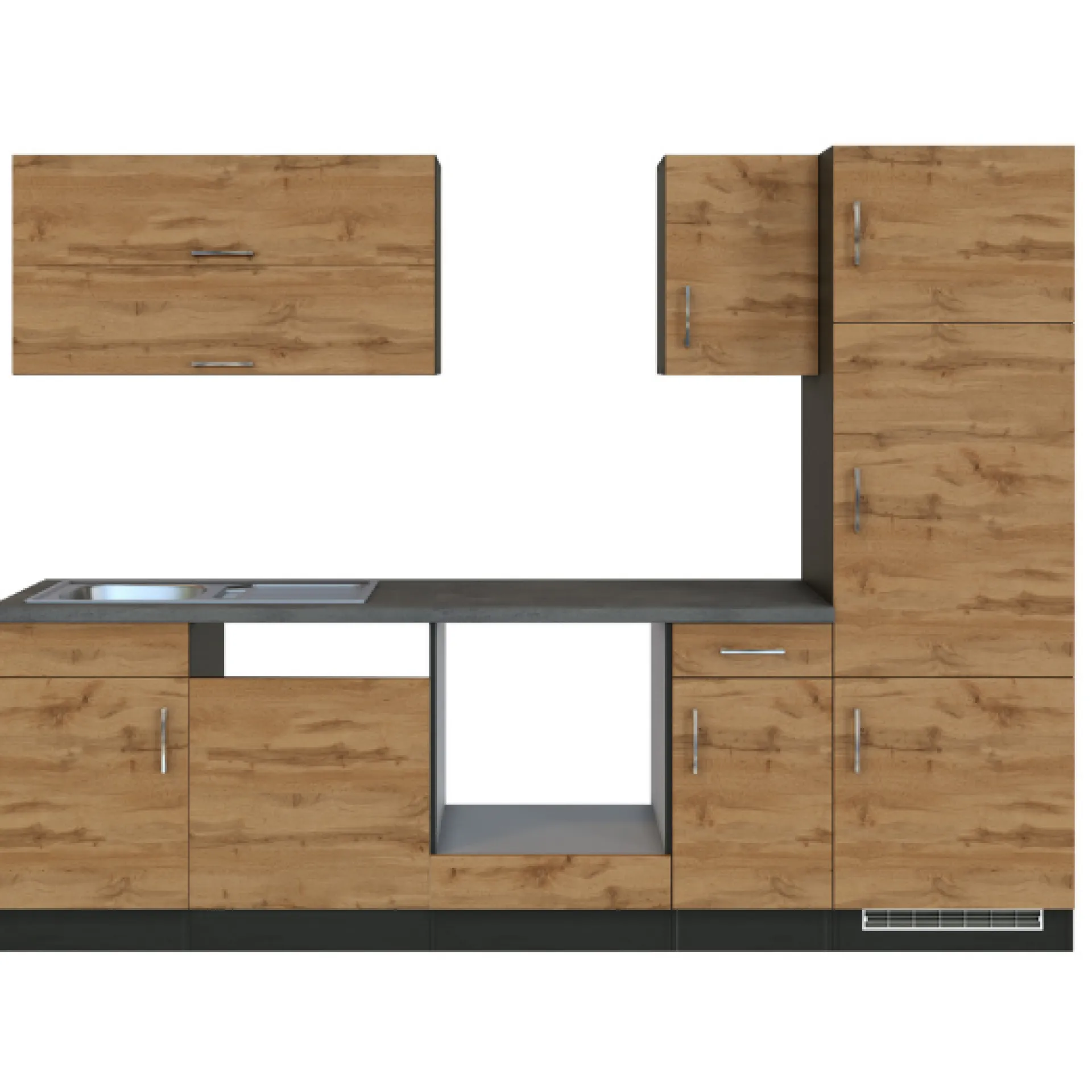 Held Küchenzeile Sorrella 270cm mit Platz für Backofen, Geschirrspüler und Kühlschrank - Eiche/Graphit