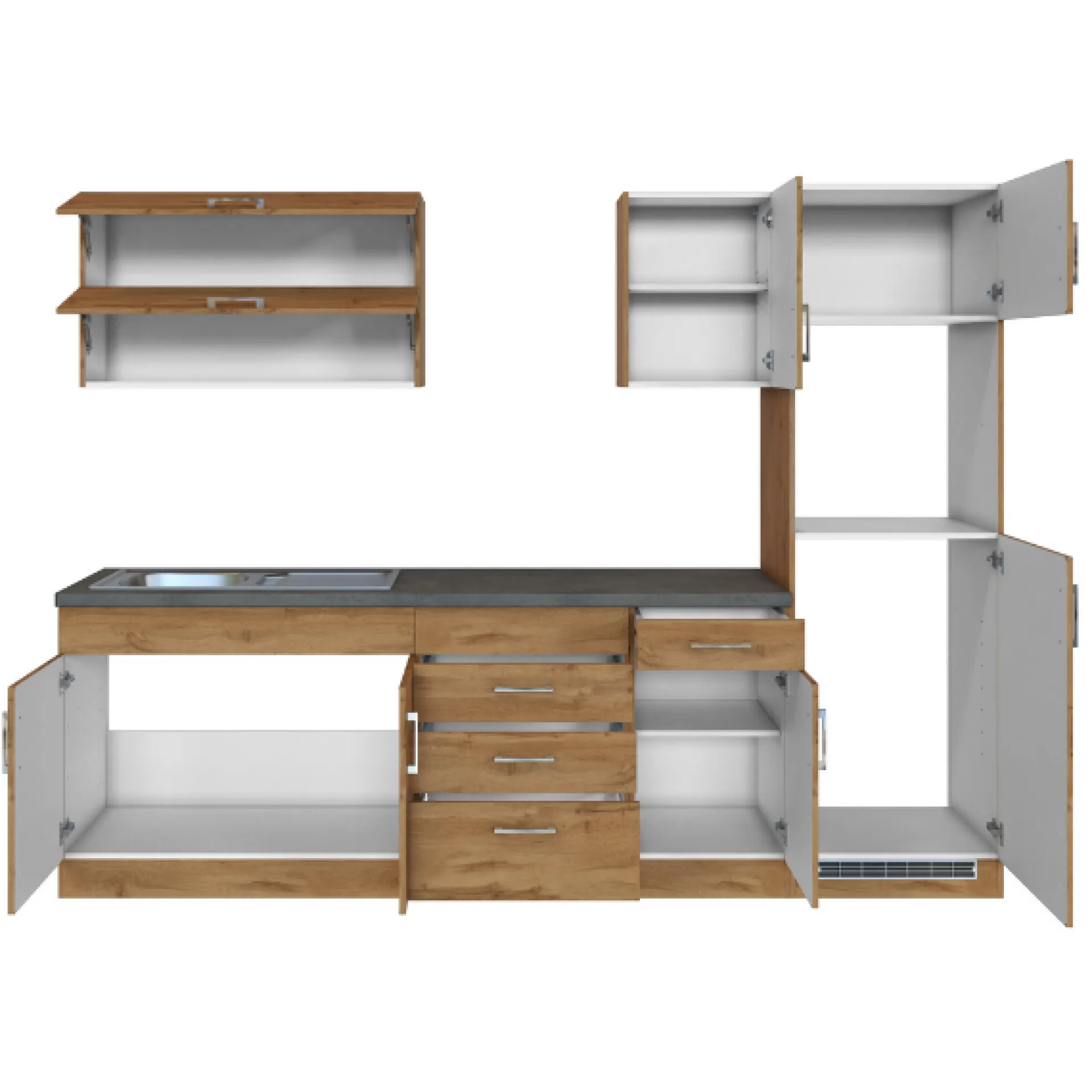 Held Küchenzeile Sorrella 270cm mit Platz für Backofen und Kühlschrank - Eiche