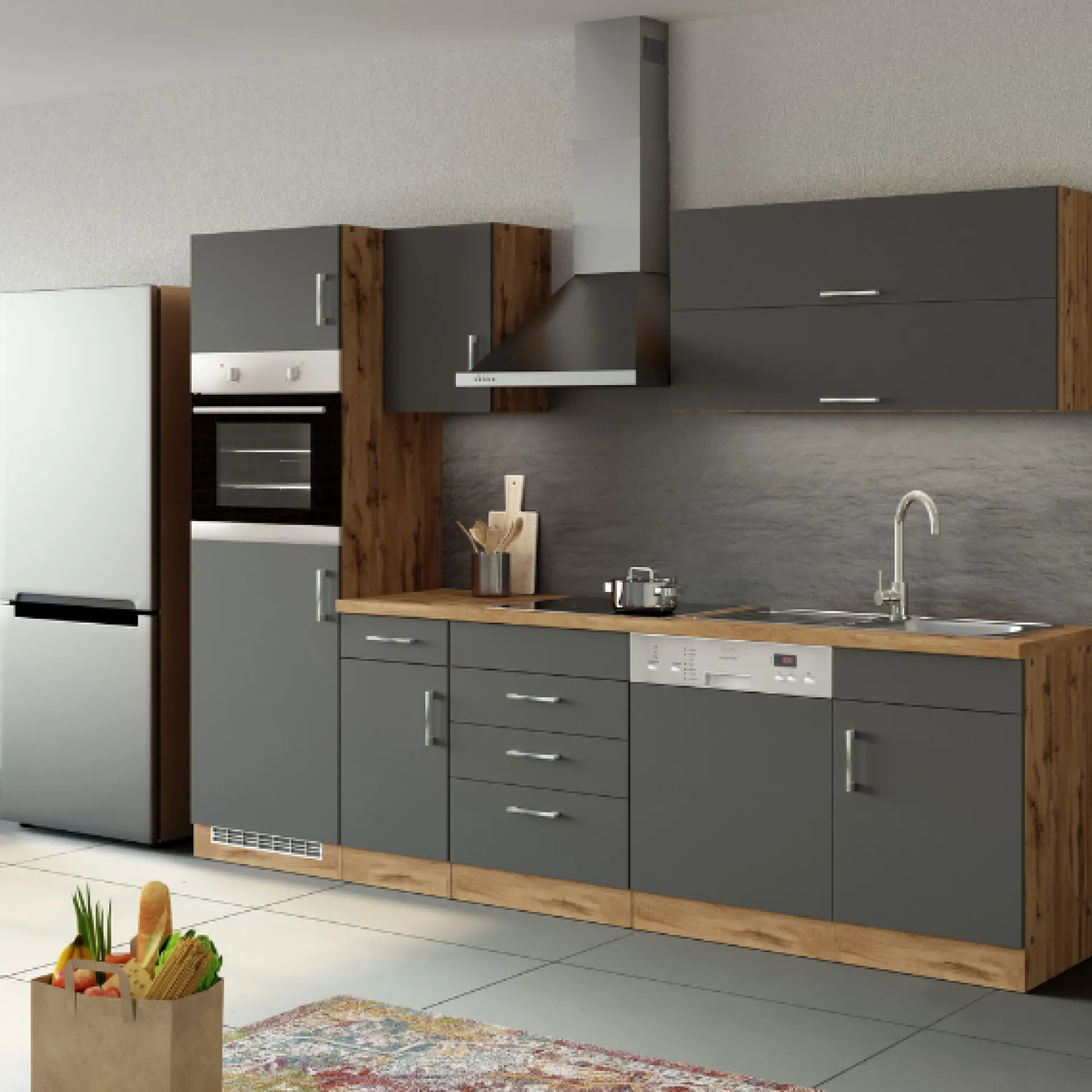 Held Küchenzeile Sorrella 270cm mit Platz für Geschirrspüler, Backofen und Kühlschrank - anthrazit/ocker