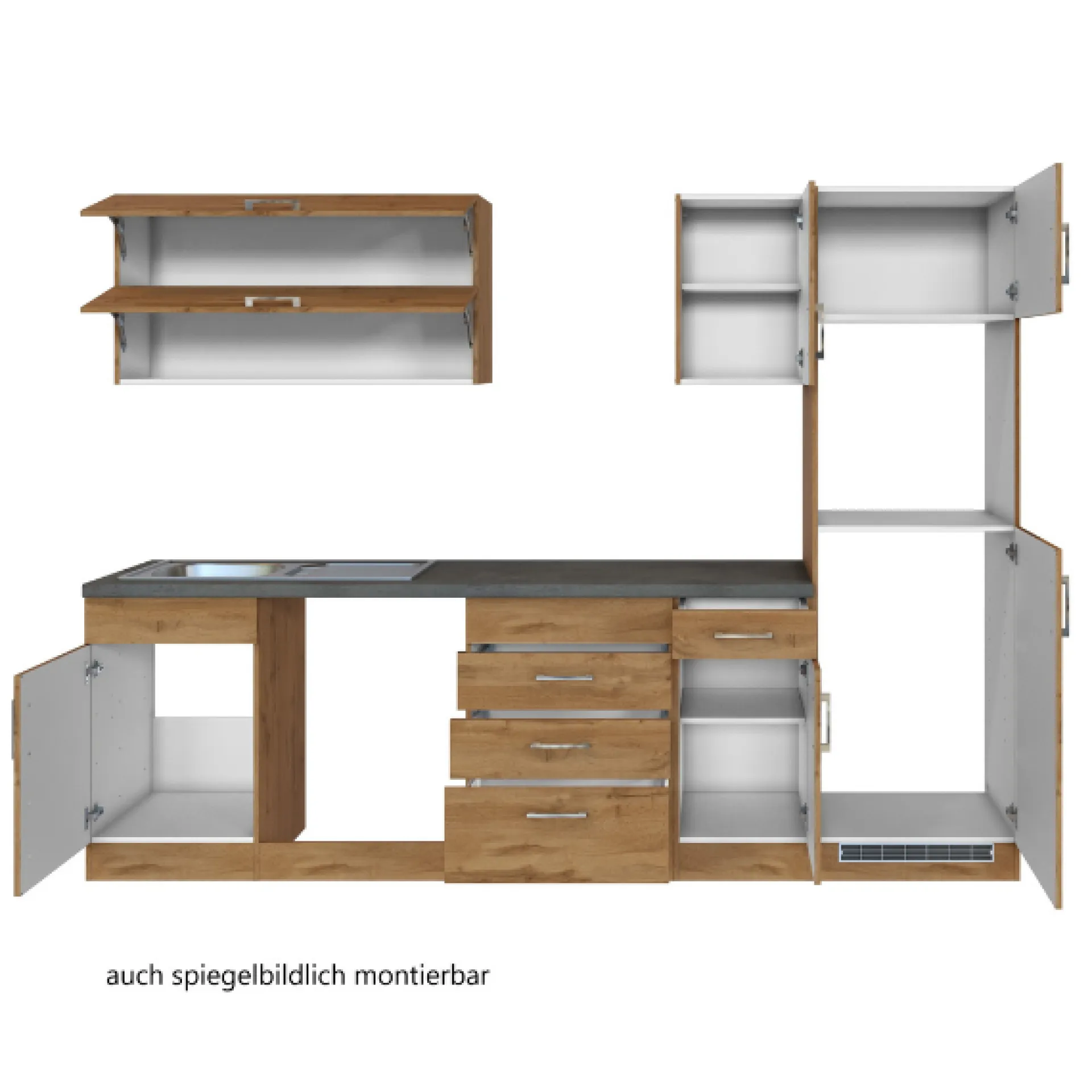 Held Küchenzeile Sorrella 270cm mit Platz für Geschirrspüler, Backofen und Kühlschrank - Eiche