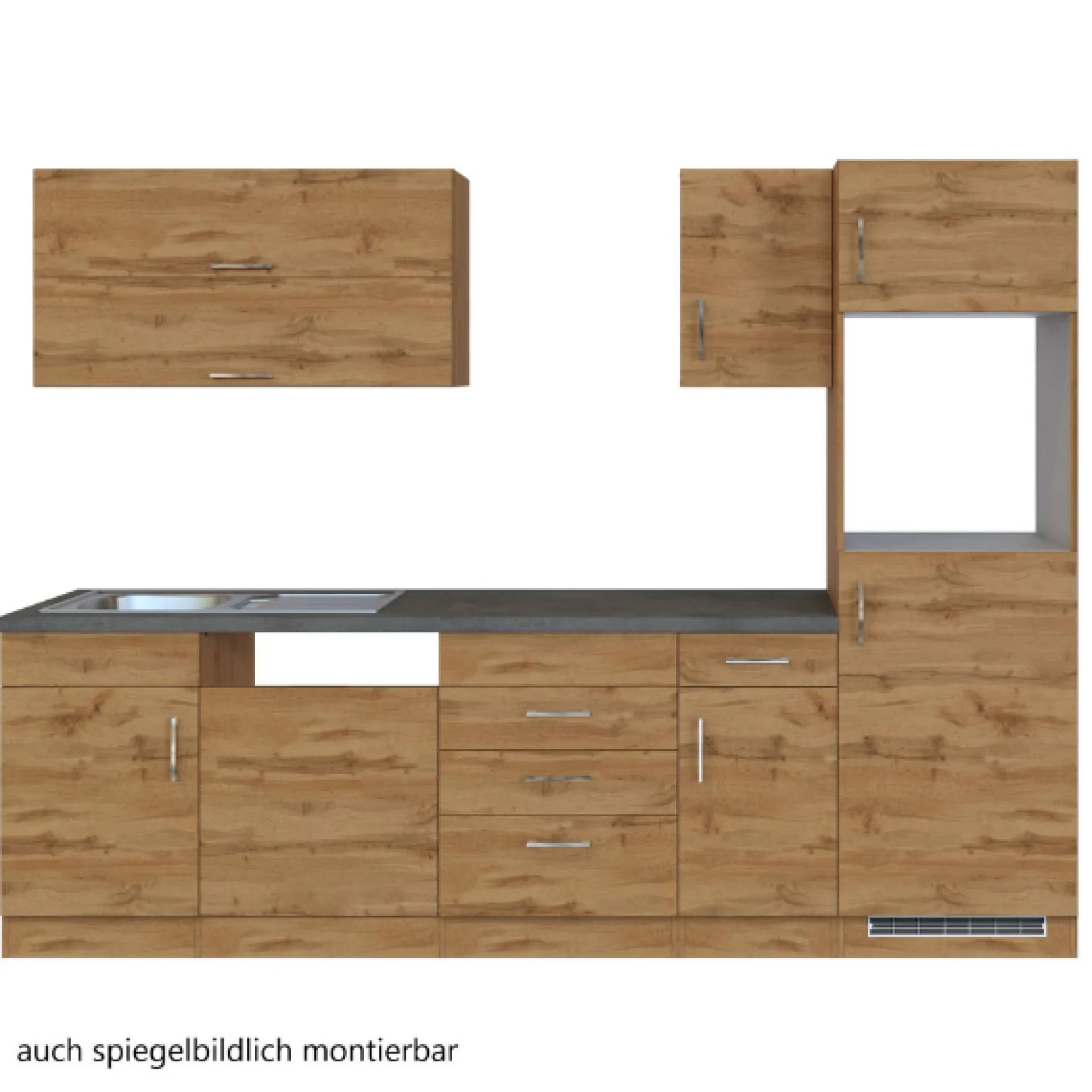 Held Küchenzeile Sorrella 270cm mit Platz für Geschirrspüler, Backofen und Kühlschrank - Eiche