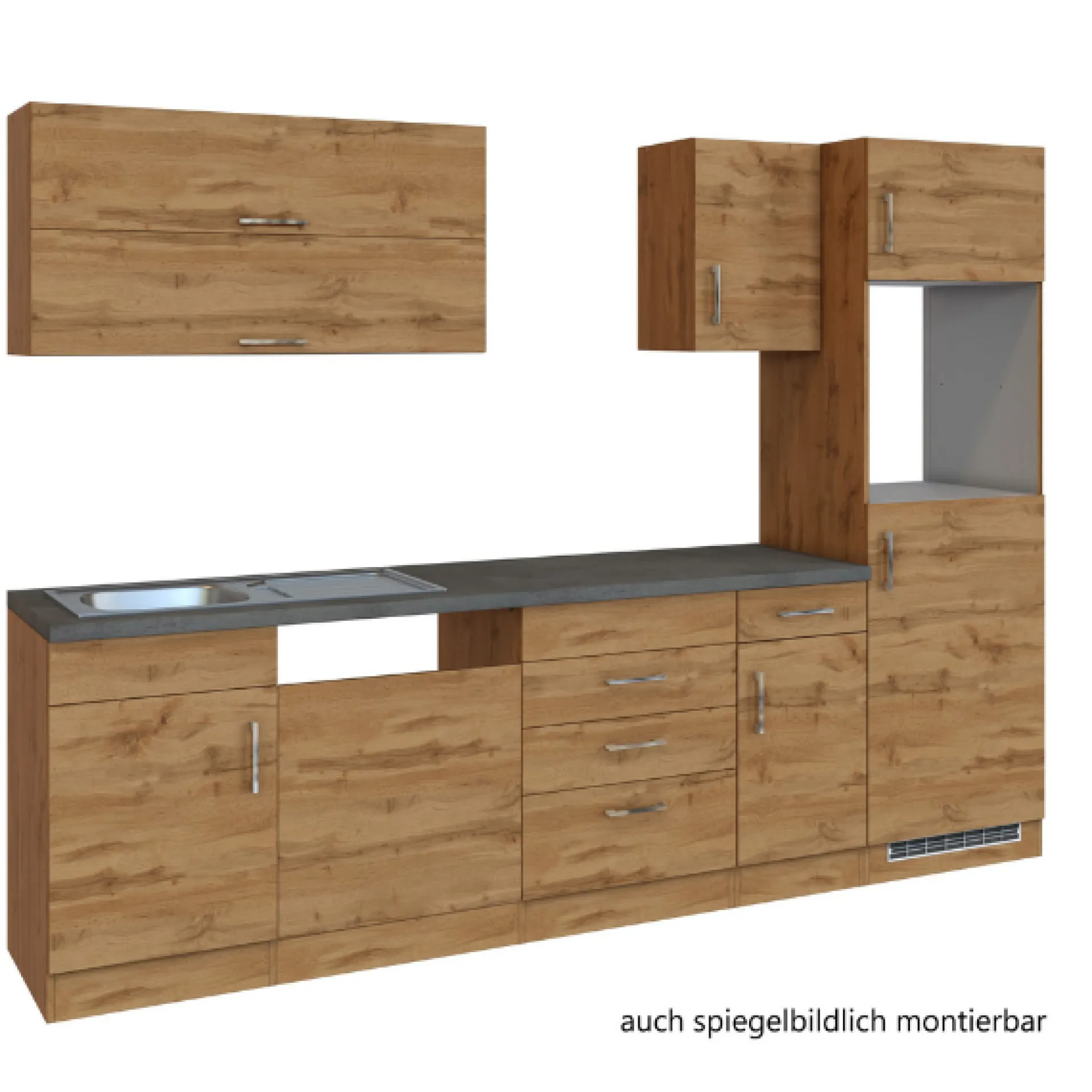 Held Küchenzeile Sorrella 270cm mit Platz für Geschirrspüler, Backofen und Kühlschrank - Eiche