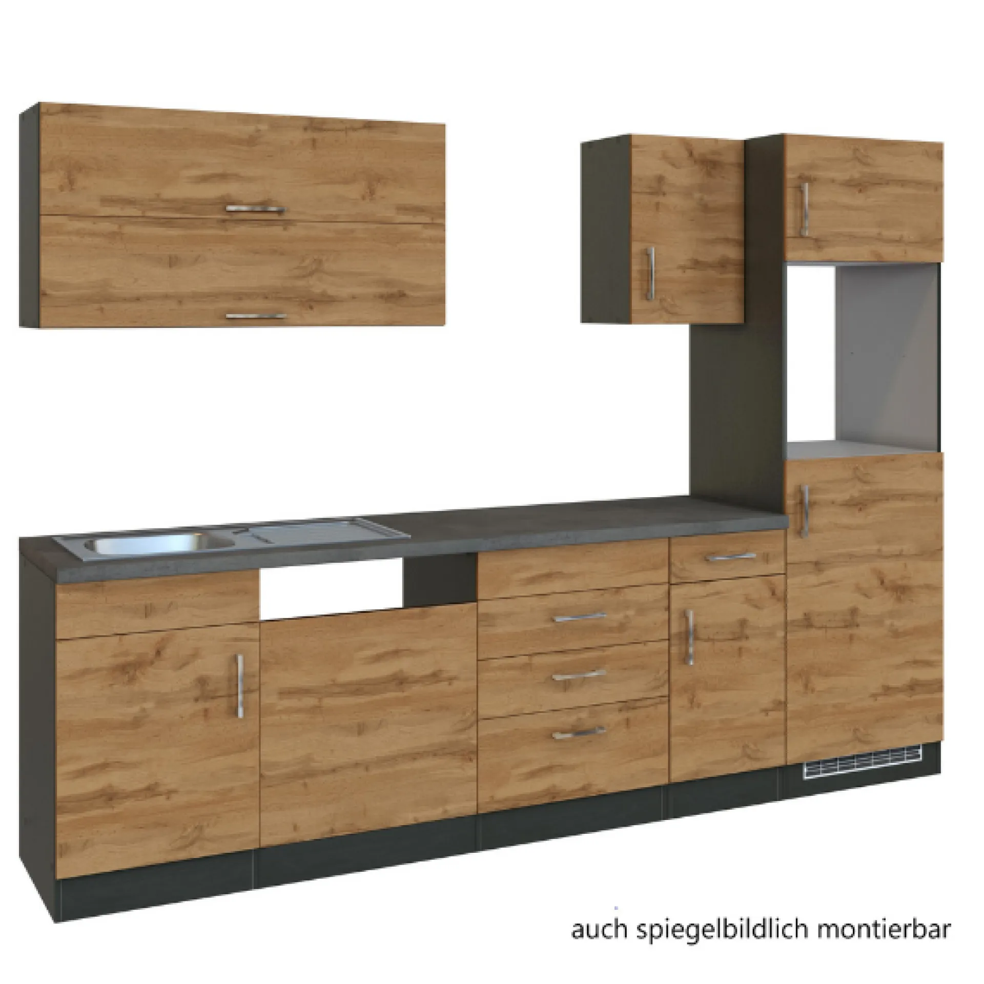 Held Küchenzeile Sorrella 270cm mit Platz für Geschirrspüler, Backofen und Kühlschrank - Eiche/Graphit