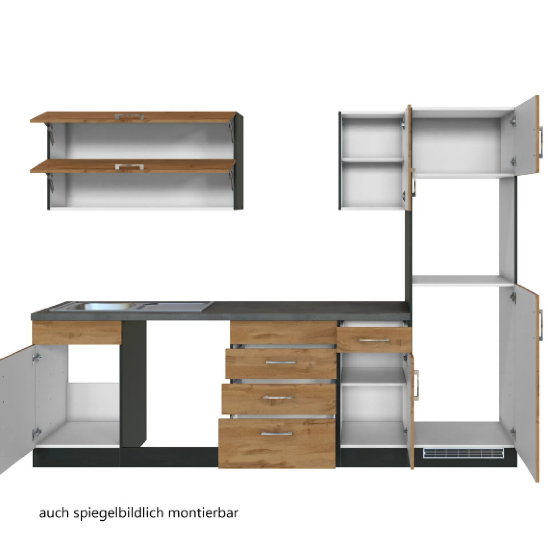 Held Küchenzeile Sorrella 270cm mit Platz für Geschirrspüler, Backofen und Kühlschrank - Eiche/Graphit