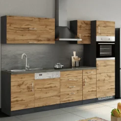 Held Küchenzeile Sorrella 270cm mit Platz für Geschirrspüler, Backofen und Kühlschrank - Eiche/Graphit