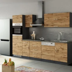 Held Küchenzeile Sorrella 270cm mit Platz für Geschirrspüler, Backofen und Kühlschrank - Eiche/Graphit