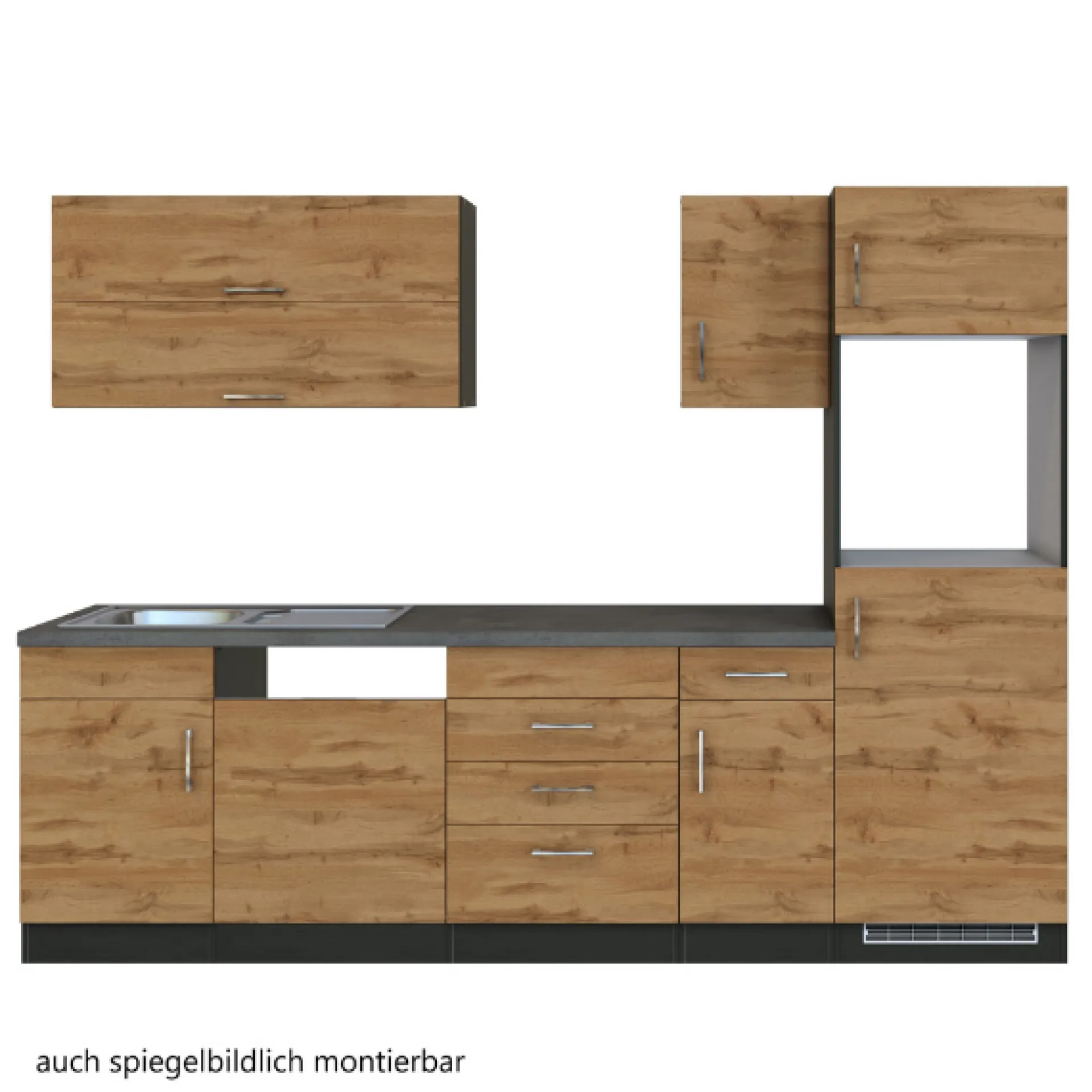 Held Küchenzeile Sorrella 270cm mit Platz für Geschirrspüler, Backofen und Kühlschrank - Eiche/Graphit