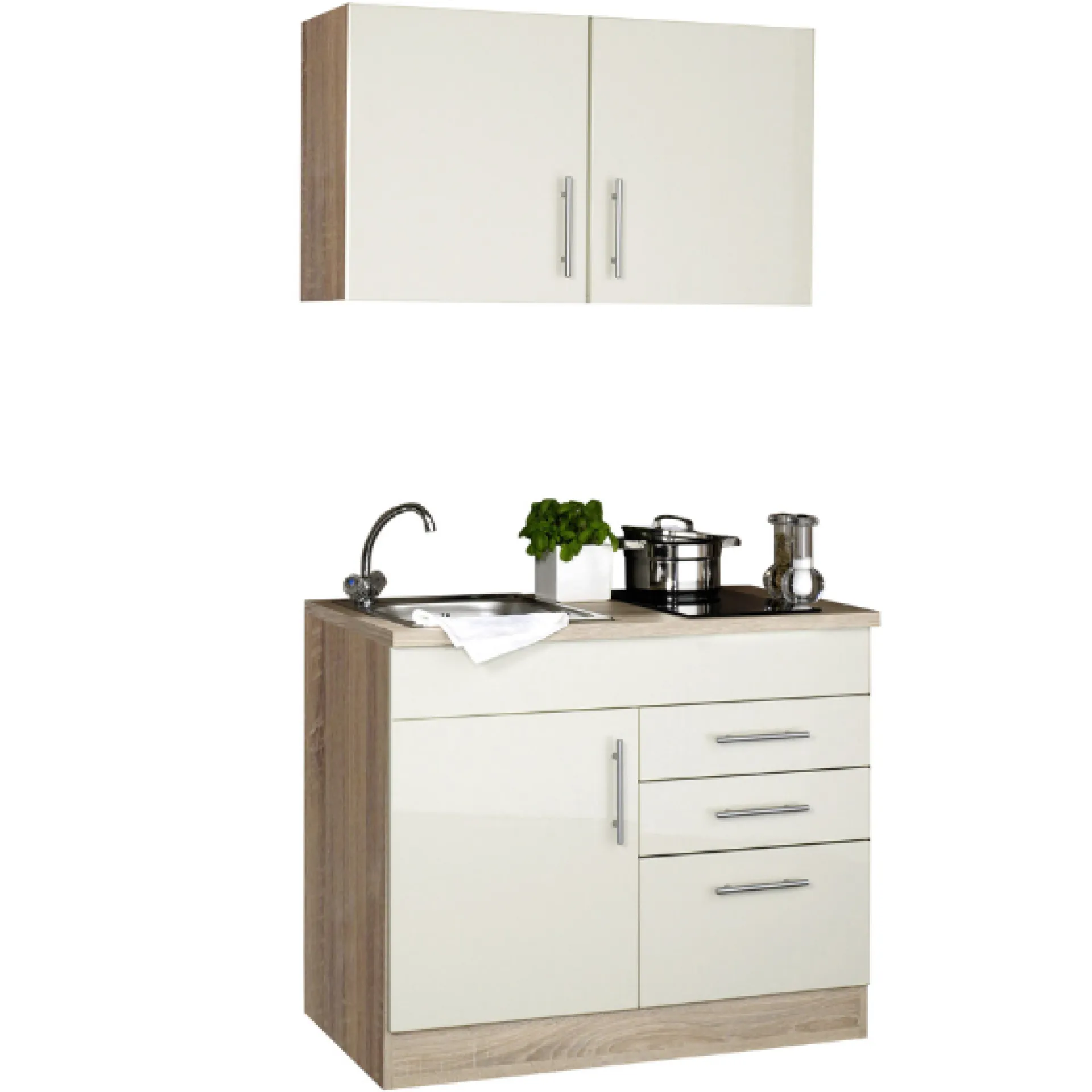 Held Küchenzeile Toto 100cm mit Kochfeld - Hochglanz creme