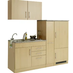 Held Küchenzeile Toto 190cm mit Kochfeld und Kühlschrank - Buche/Marmor