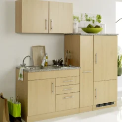 Held Küchenzeile Toto 190cm mit Kochfeld und Kühlschrank - Buche/Marmor