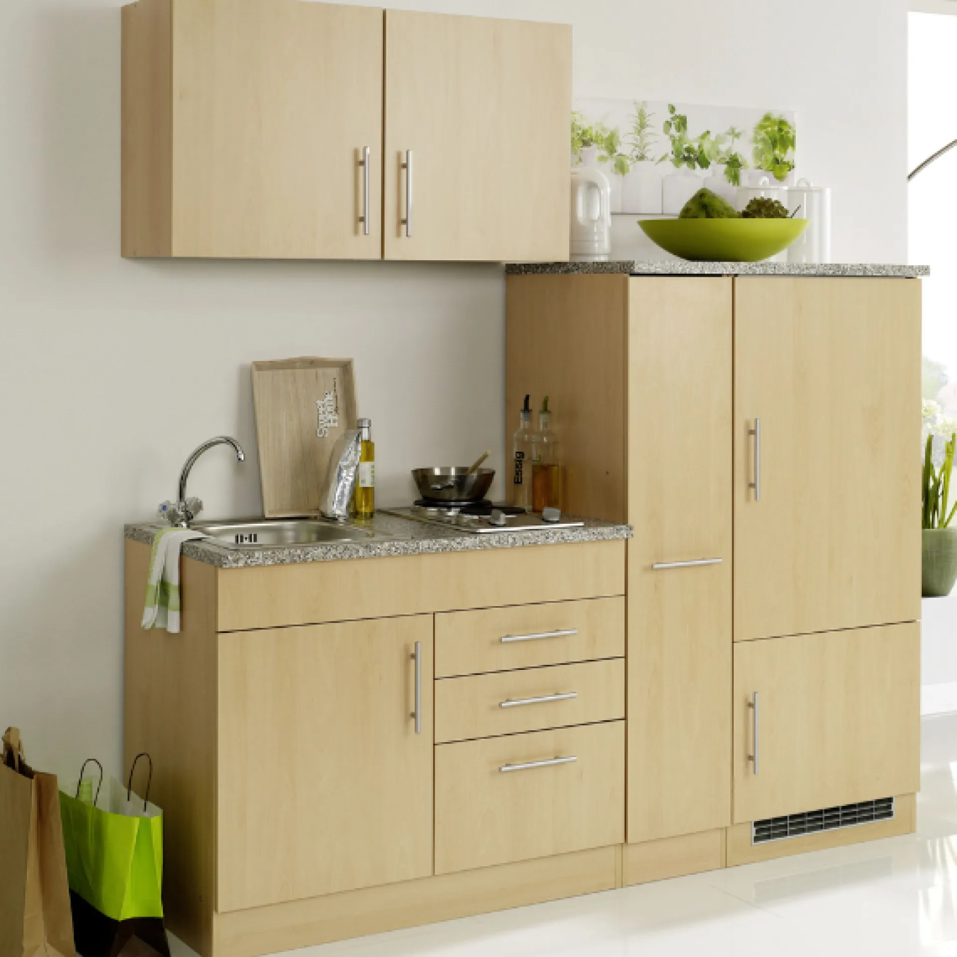 Held Küchenzeile Toto 190cm mit Kochfeld und Kühlschrank - Buche/Marmor