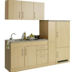 Held Küchenzeile Toto 210cm mit Kochfeld und Kühlschrank - Buche/Marmor