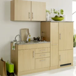 Held Küchenzeile Toto 210cm mit Kochfeld und Kühlschrank - Buche/Marmor