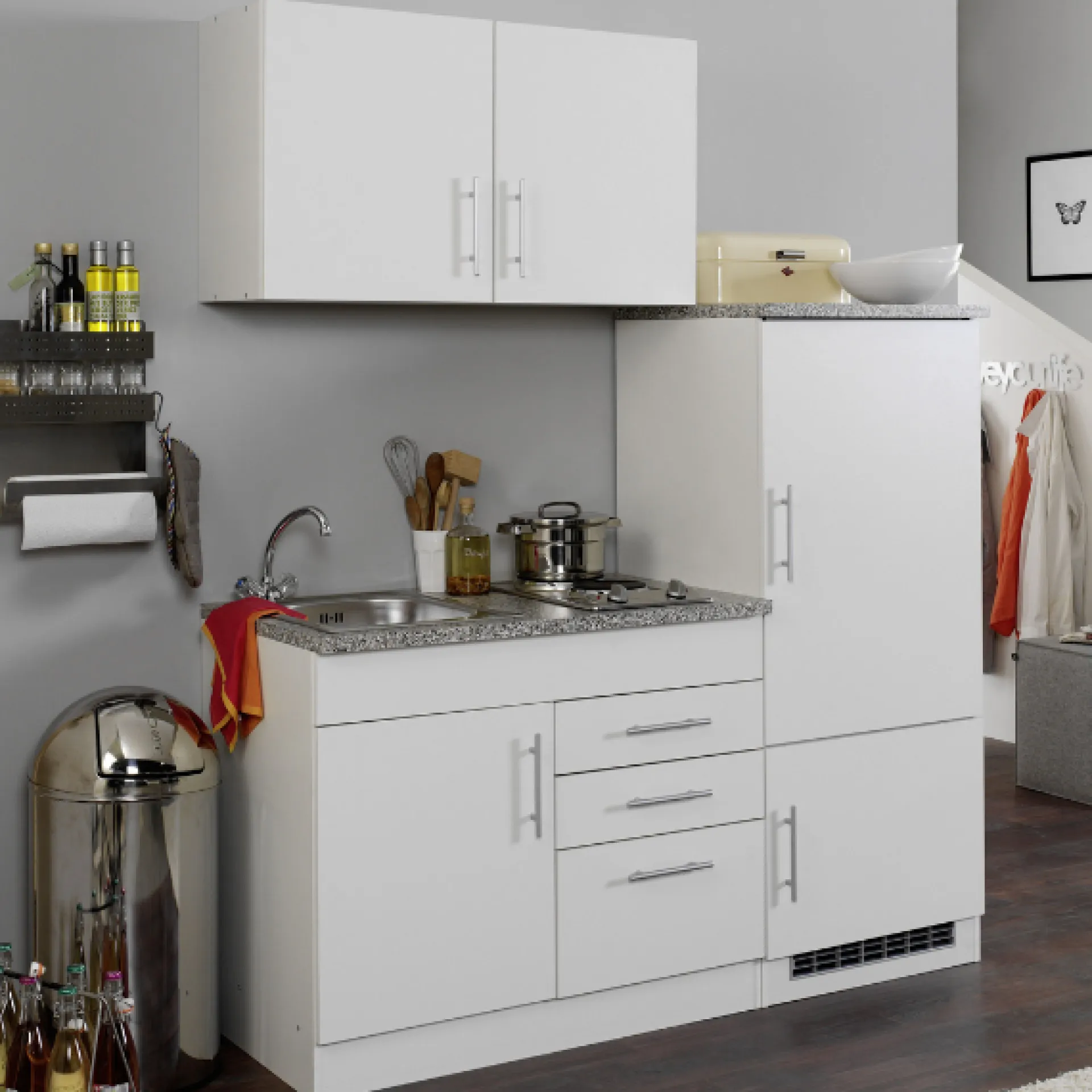 Held Küchenzeile Toto 160cm mit Kochfeld und Kühlschrank - /marmoriert