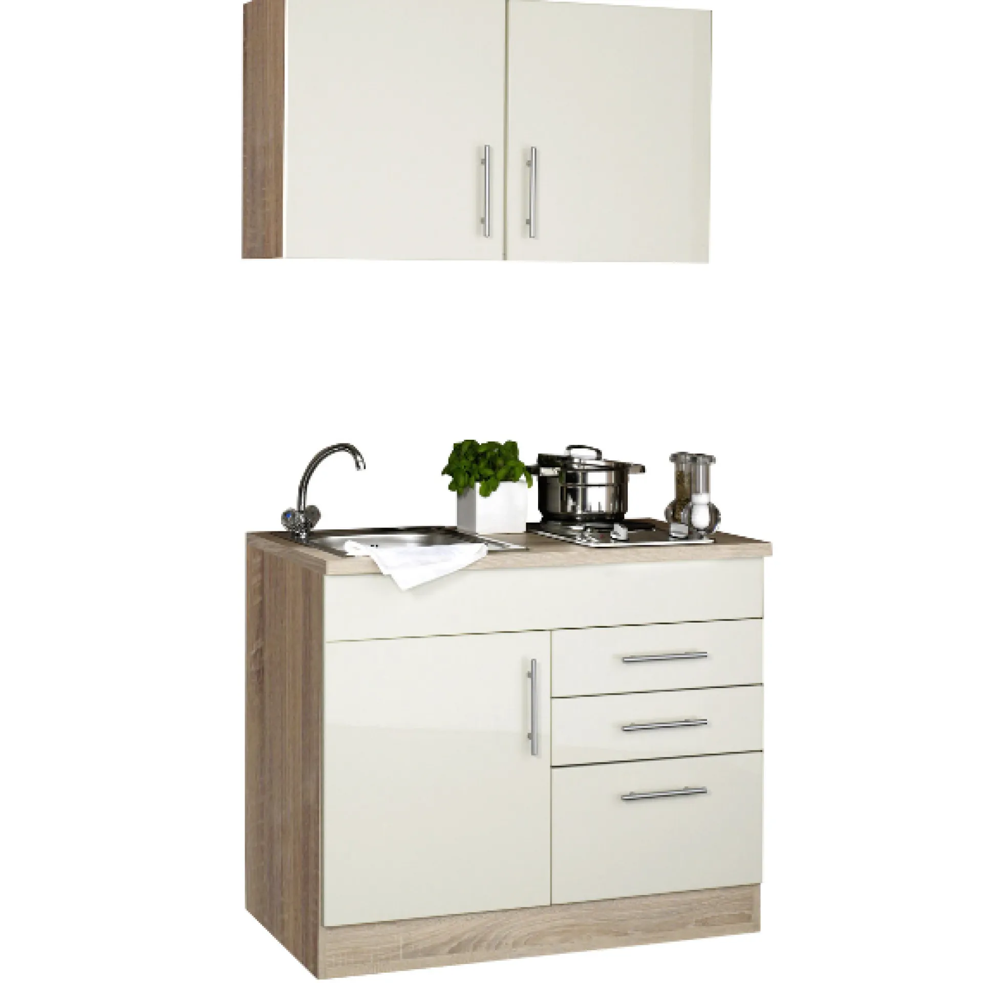 Held Küchenzeile Toto 100cm mit Kochfeld - Hochglanz creme
