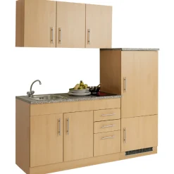 Held Küchenzeile Toto 180cm mit Kochfeld und Kühlschrank - Buche/Marmor