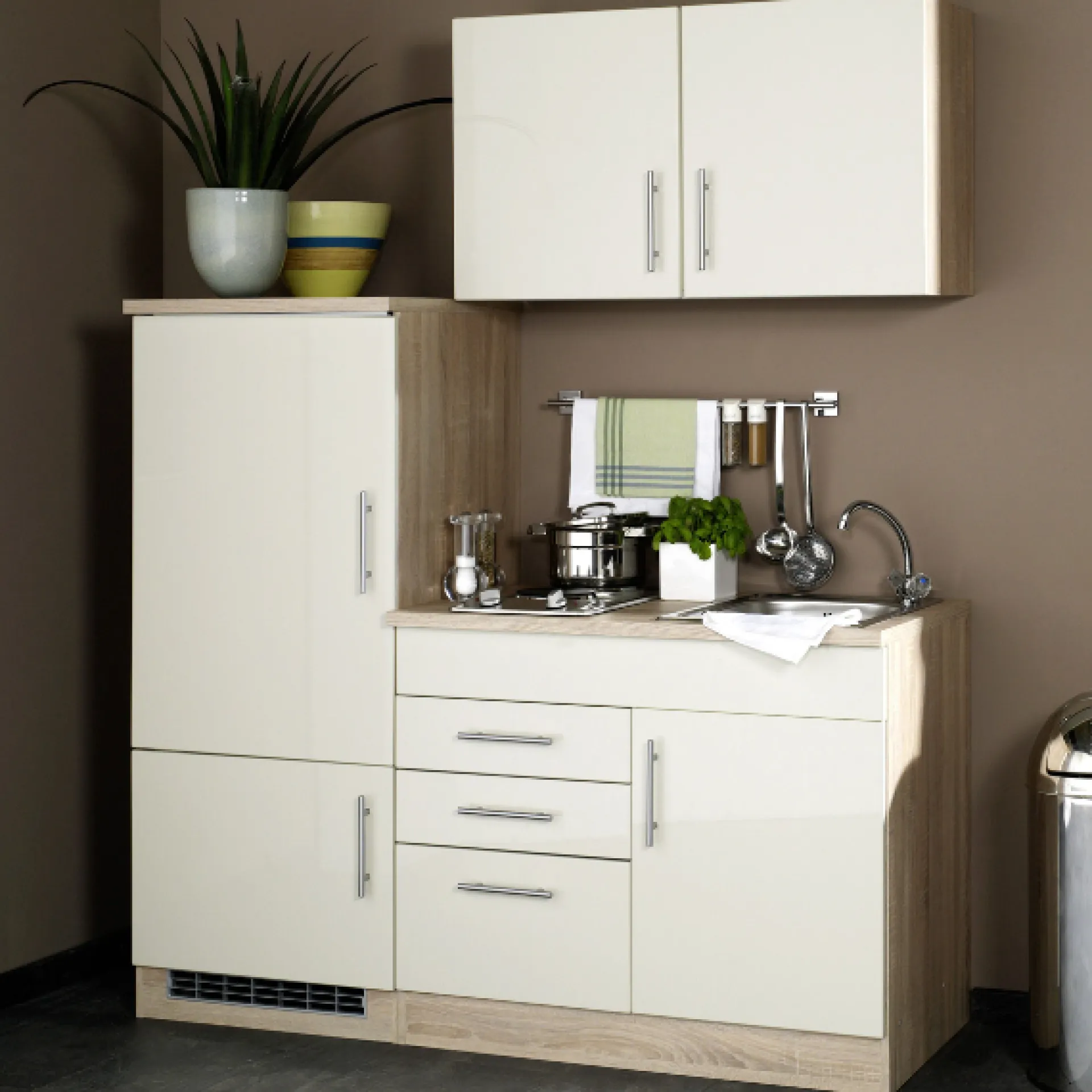 Held Küchenzeile Toto 160cm mit Kochfeld und Kühlschrank - Hochglanz creme