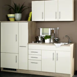 Held Küchenzeile Toto 210cm mit Kochfeld und Kühlschrank - Hochglanz creme
