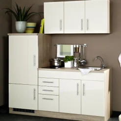 Held Küchenzeile Toto 180cm mit Kochfeld und Kühlschrank - Hochglanz creme