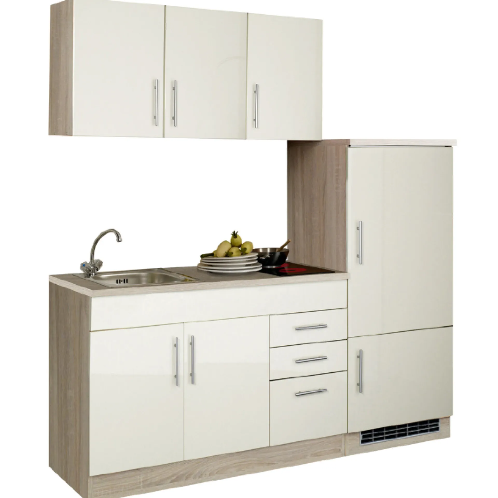 Held Küchenzeile Toto 180cm mit Kochfeld und Kühlschrank - Hochglanz creme