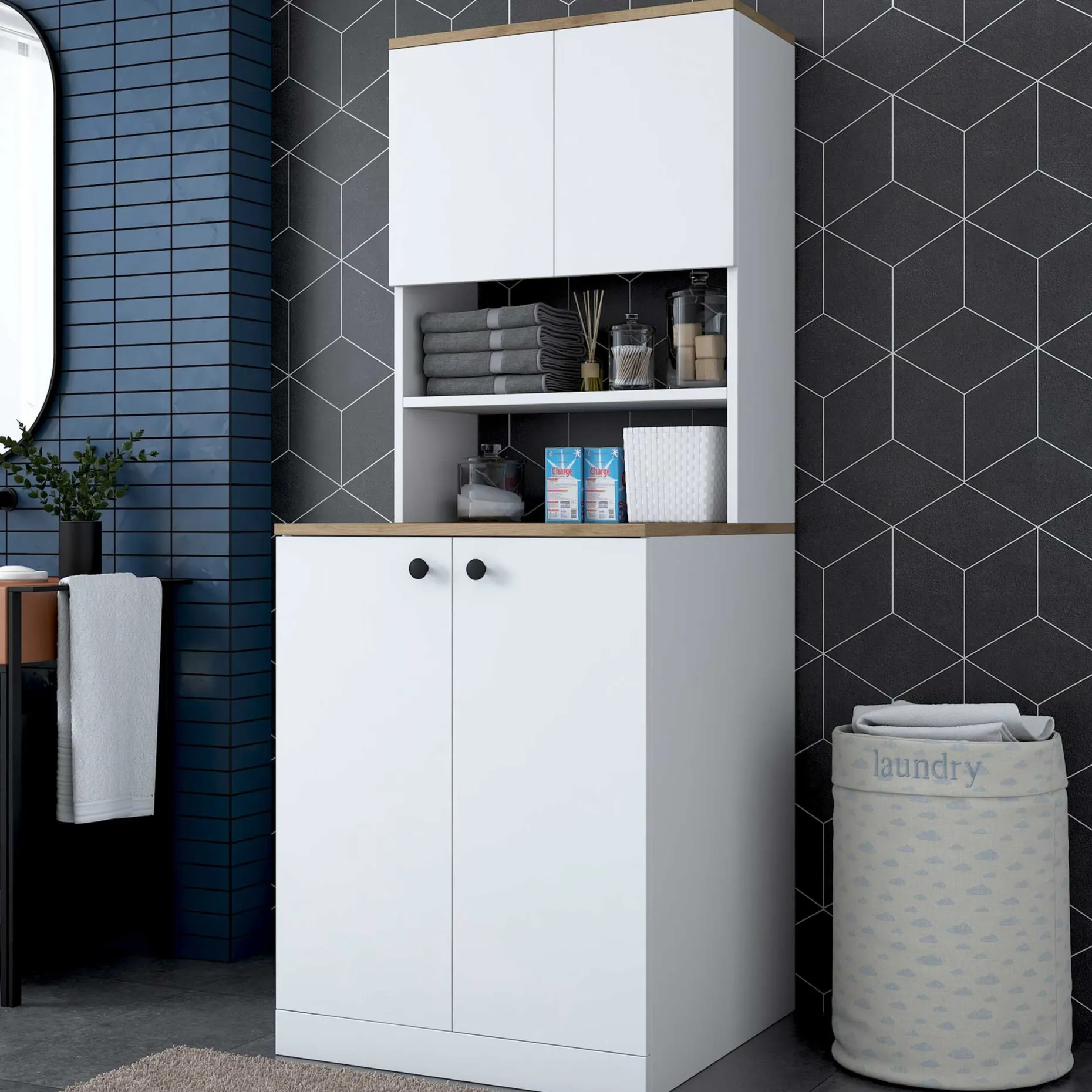 KD102 Waschmaschinenschrank | 100 % MELAMIN | Weiß, Walnuss